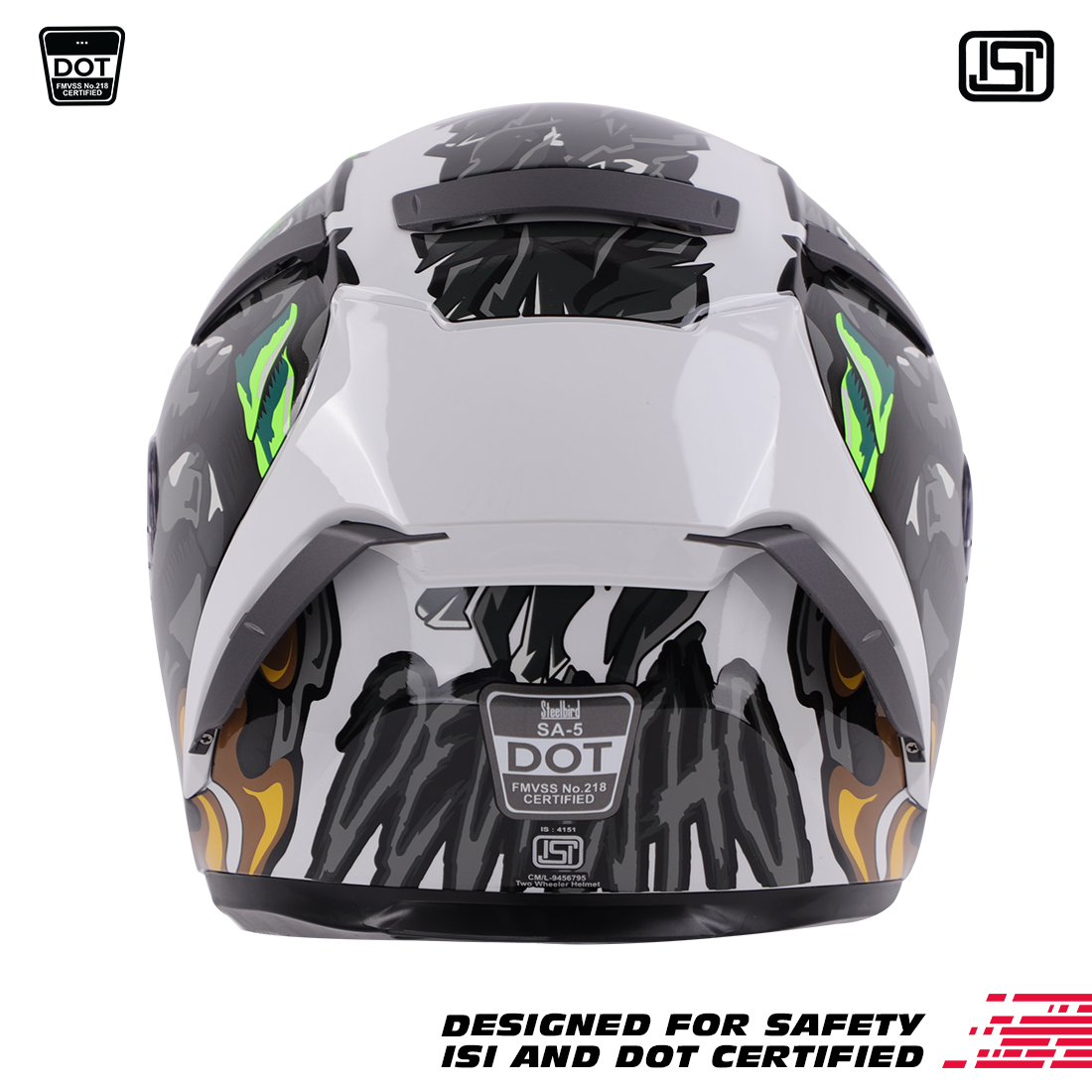 Steelbird SA-5 Monster ISI/DOT Certified Full Face Graphic Helmet With Outer Anti-Fog Clear Visor (Glossy White Grey)