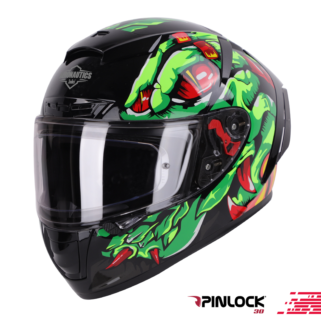 Steelbird SA-5 Monster ISI/DOT Certified Full Face Graphic Helmet With Outer Anti-Fog Clear Visor (Glossy Black Green)
