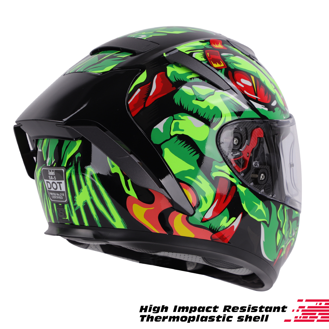 Steelbird SA-5 Monster ISI/DOT Certified Full Face Graphic Helmet With Outer Anti-Fog Clear Visor (Glossy Black Green)