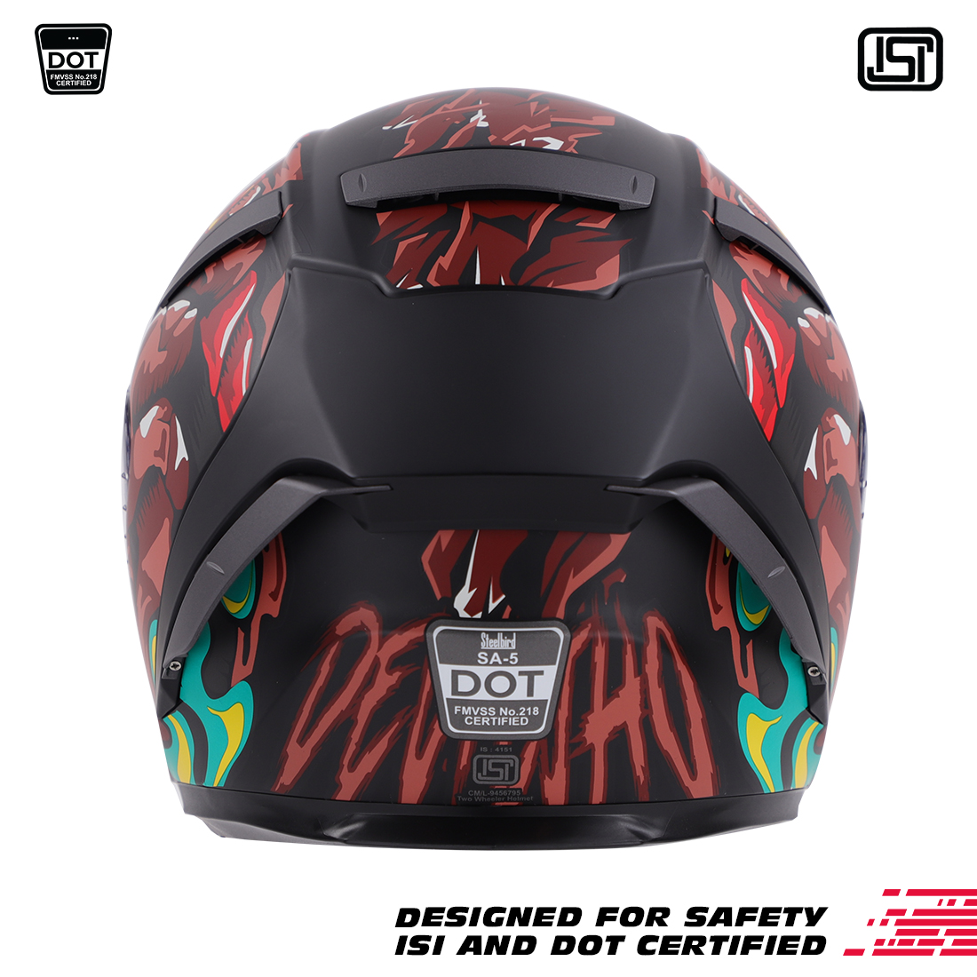 Steelbird SA-5 Monster ISI/DOT Certified Full Face Graphic Helmet With Outer Anti-Fog Clear Visor (Matt Black Red)