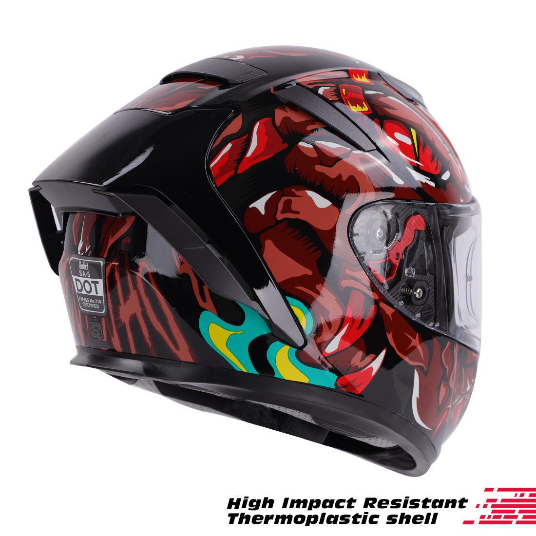 Steelbird SA-5 Monster ISI/DOT Certified Full Face Graphic Helmet With Outer Anti-Fog Clear Visor (Glossy Black Red)