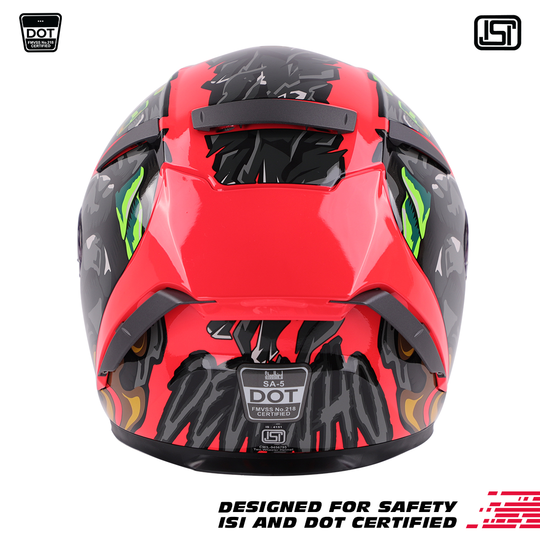 Steelbird SA-5 Monster ISI/DOT Certified Full Face Graphic Helmet With Outer Anti-Fog Clear Visor (Glossy Fluo Watermelon)