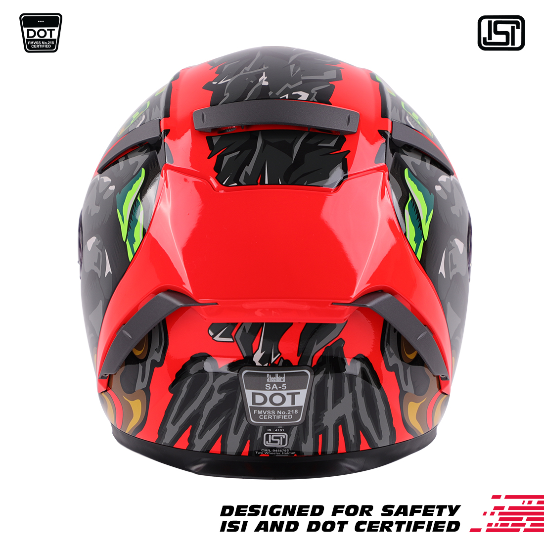 Steelbird SA-5 Monster ISI/DOT Certified Full Face Graphic Helmet With Outer Anti-Fog Clear Visor (Glossy Fluo Red)