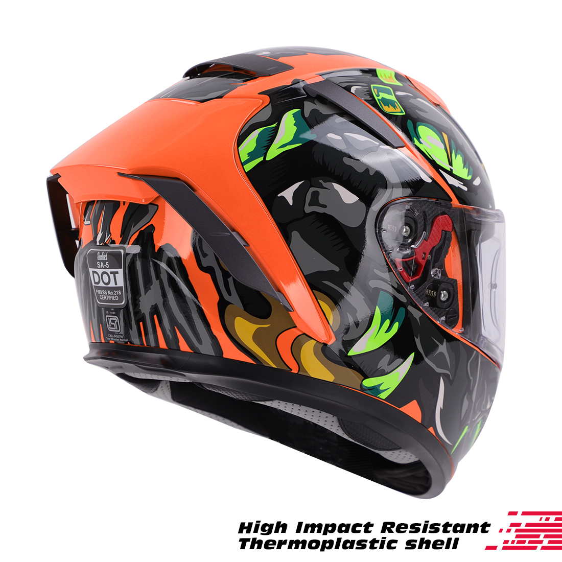 Steelbird SA-5 Monster ISI/DOT Certified Full Face Graphic Helmet With Outer Anti-Fog Clear Visor (Glossy Fluo Orange)