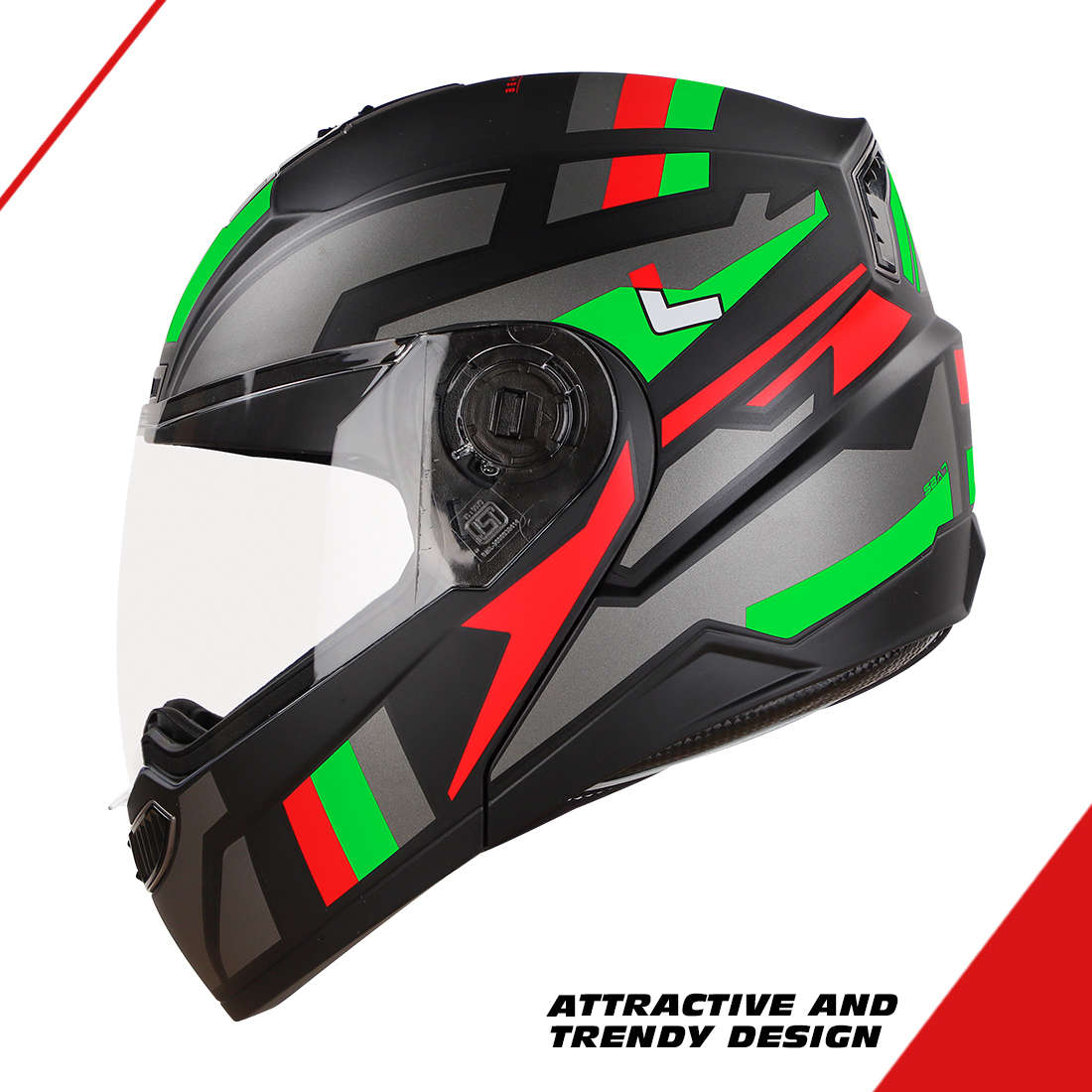 Steelbird SBA-7 Beyond Limit ISI Certified Flip-Up Helmet For Men And Women (Glossy Black Green With Clear Visor)