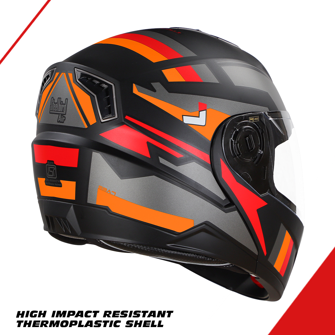 Steelbird SBA-7 Beyond Limit ISI Certified Flip-Up Helmet For Men And Women (Glossy Black Orange With Clear Visor)