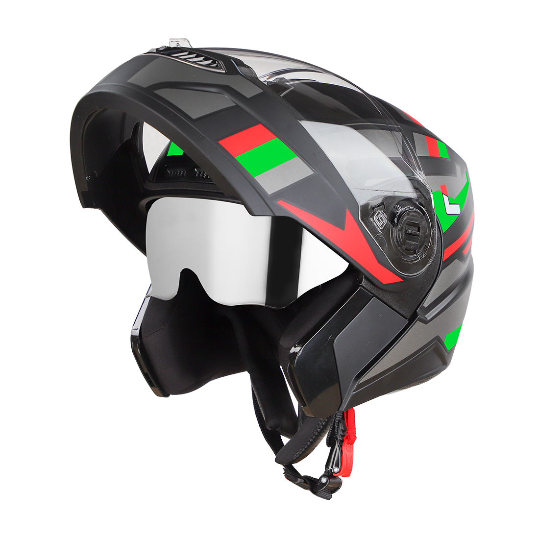Steelbird SBA-7 Beyond Limit ISI Certified Flip-Up Helmet for Men and Women with Silver Sun Shield (Glossy Black Green)