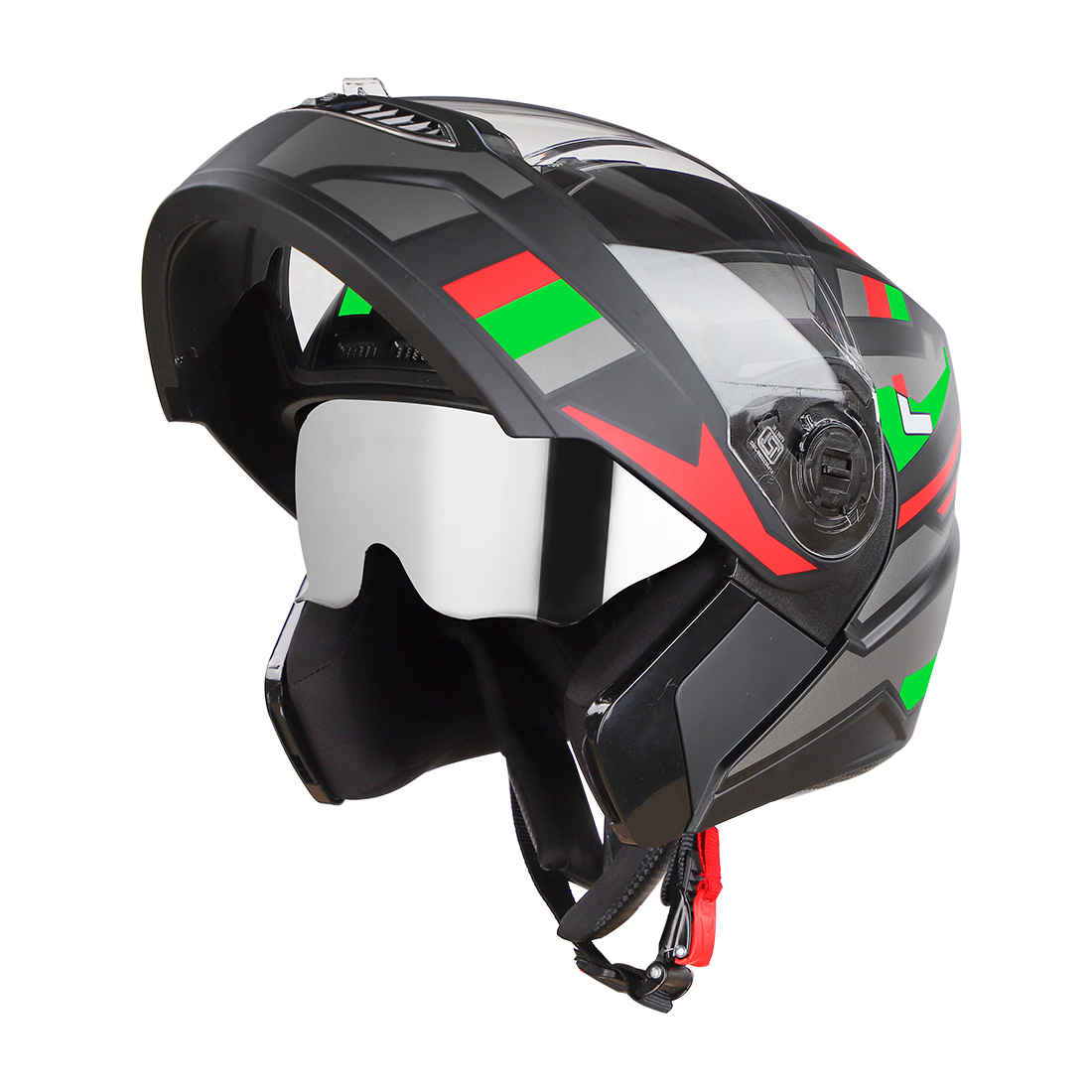 Steelbird SBA-7 Beyond Limit ISI Certified Flip-Up Helmet For Men And Women With Silver Sun Shield (Glossy Black Green)