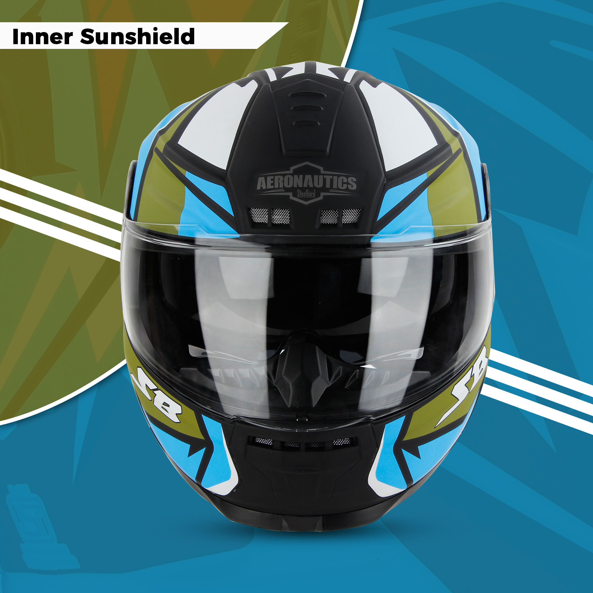 Steelbird SBH-40 Decode ISI Certified Full Face Graphic Helmet For Men And Women With Inner Sun Shield (Glossy Black Battle Green)