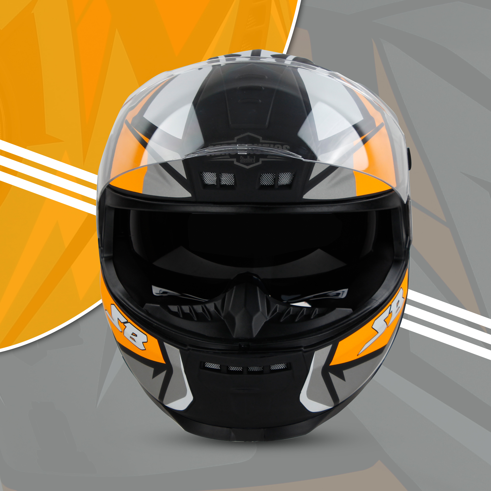 Steelbird SBH-40 Decode ISI Certified Full Face Graphic Helmet For Men And Women With Inner Sun Shield (Glossy Black Orange)