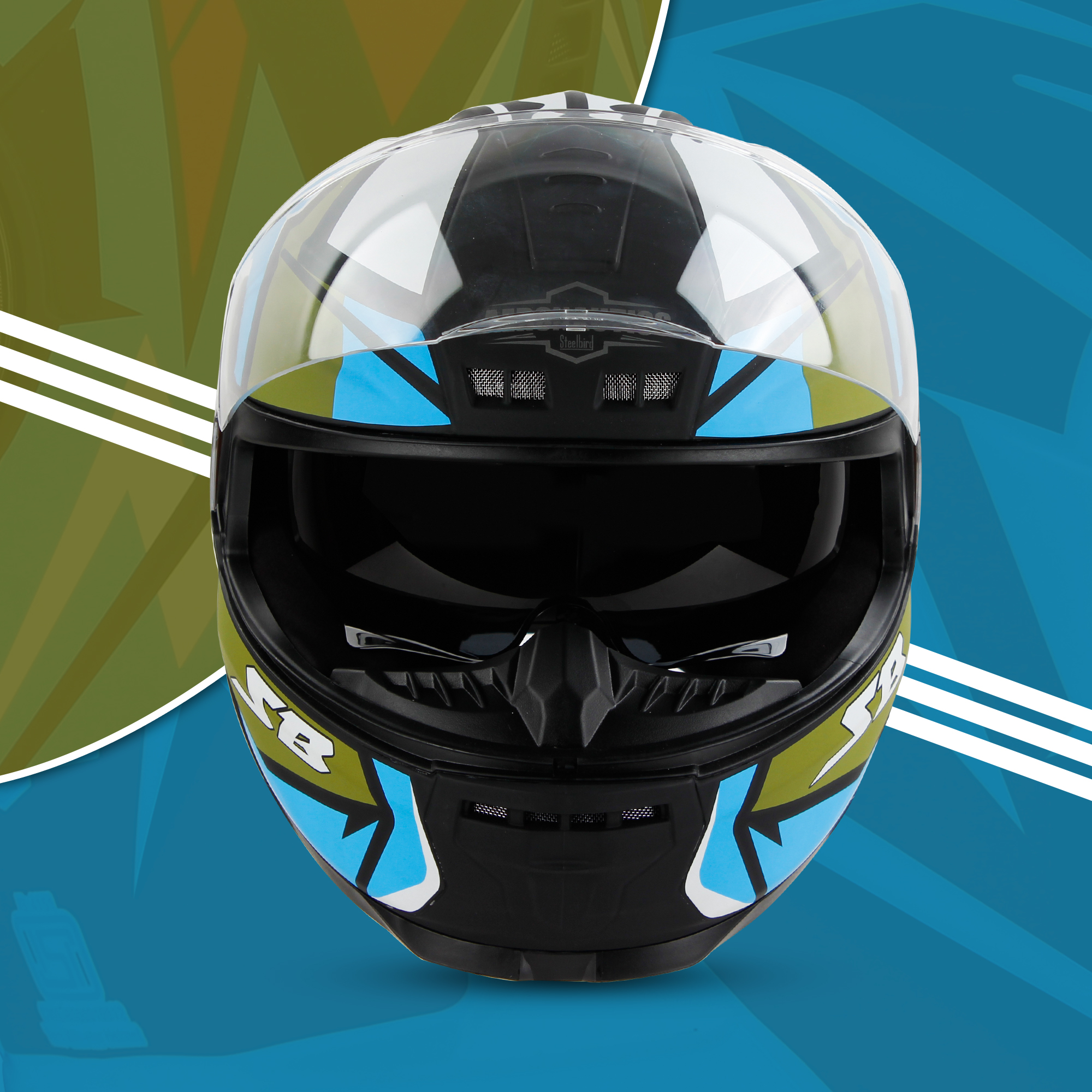 Steelbird SBH-40 Decode ISI Certified Full Face Graphic Helmet For Men And Women With Inner Sun Shield (Matt Black Battle Green)