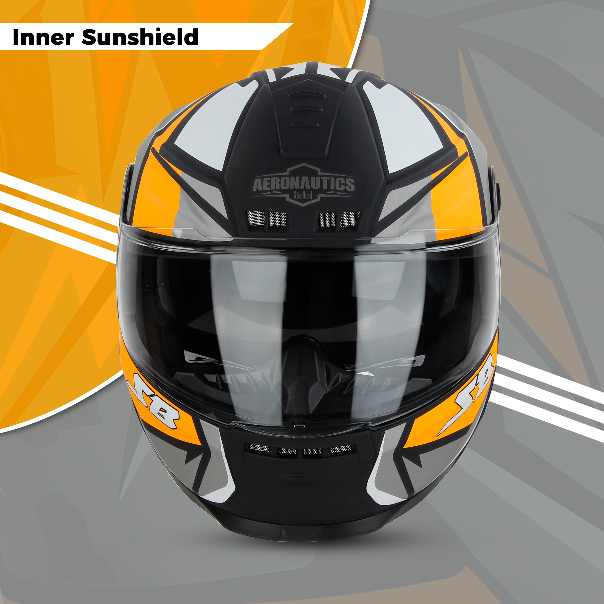 Steelbird SBH-40 Decode ISI Certified Full Face Graphic Helmet For Men And Women With Inner Sun Shield (Matt Black Orange)