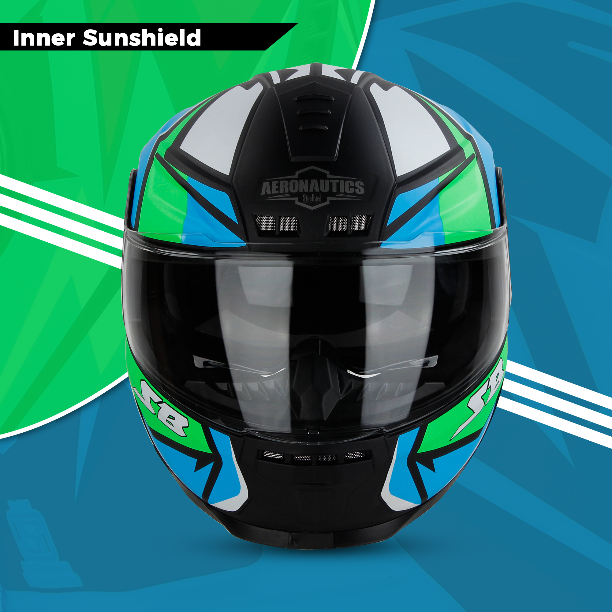 Steelbird SBH-40 Decode ISI Certified Full Face Graphic Helmet For Men And Women With Inner Sun Shield (Matt Black Green)