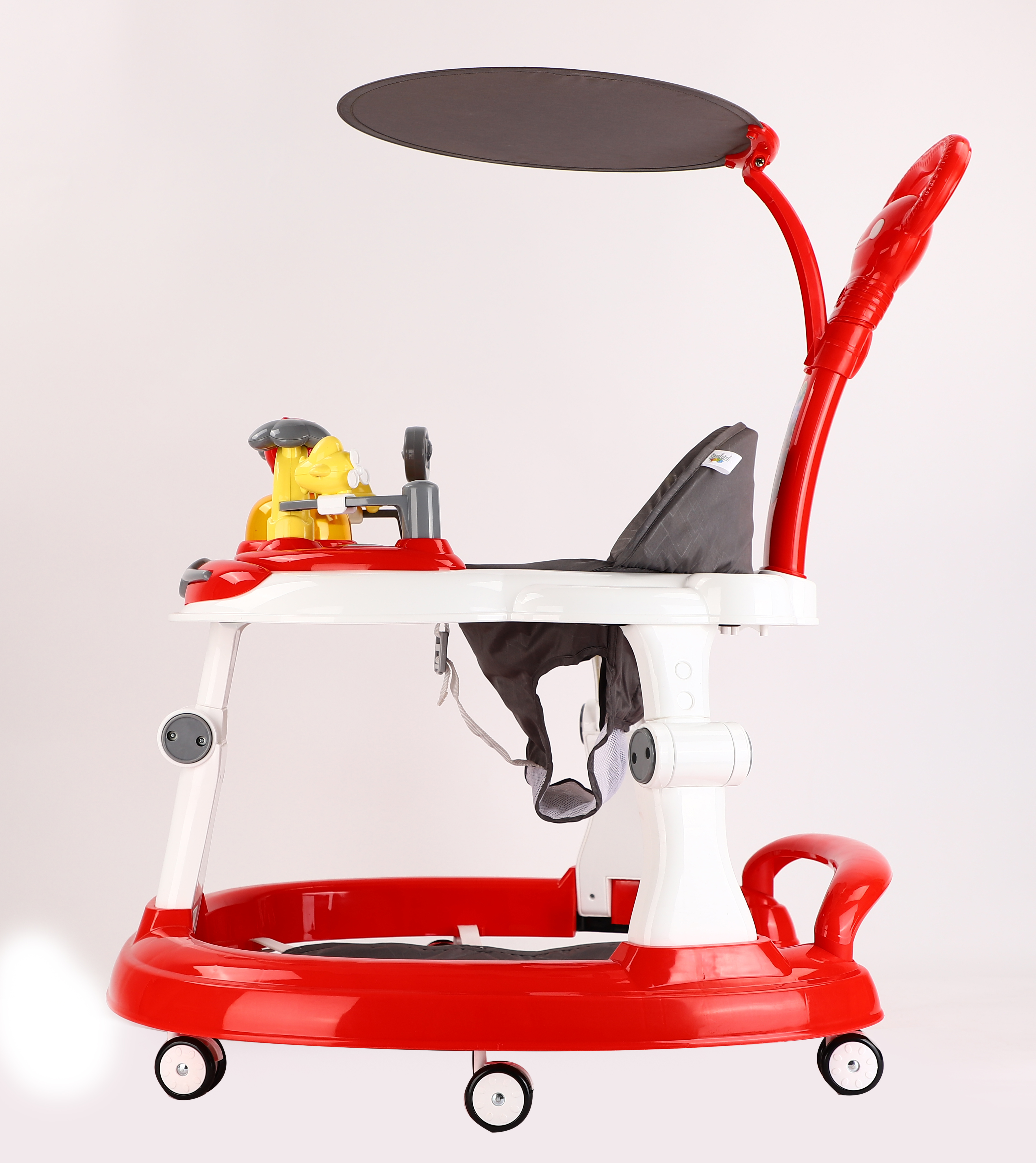 RED BABY WALKER WITH SUN SHIELD