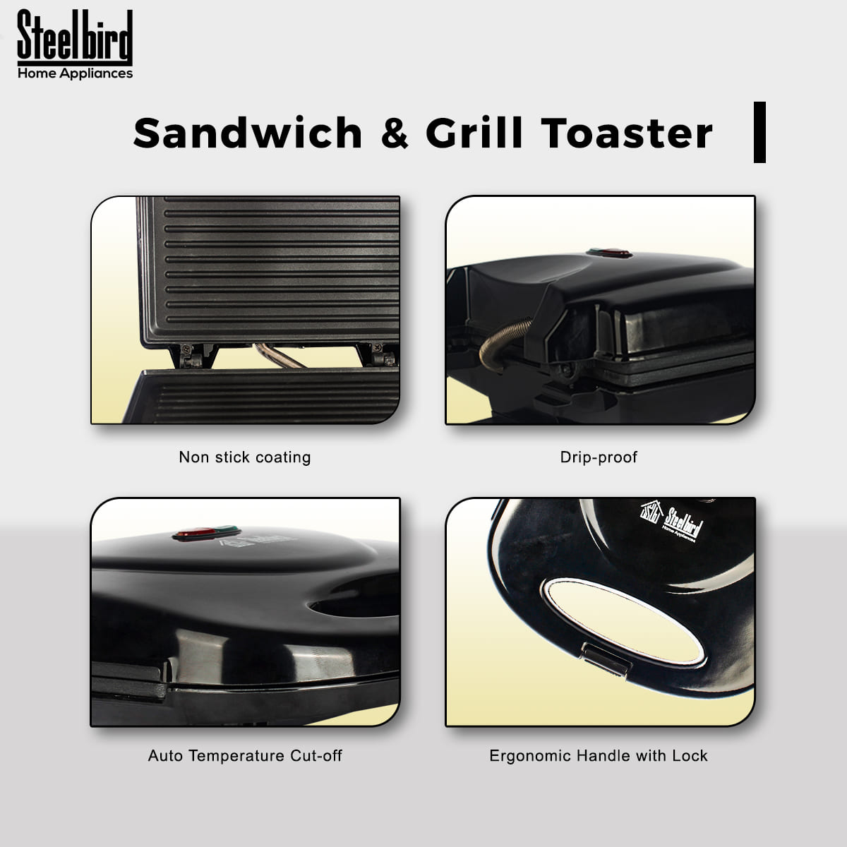 Steelbird Cyborg Toster Grill 750 Watt Grill Sandwich Maker With Non-Stick Coated Plates For Easy-to-Clean And Buckle Clips Lock (Black)