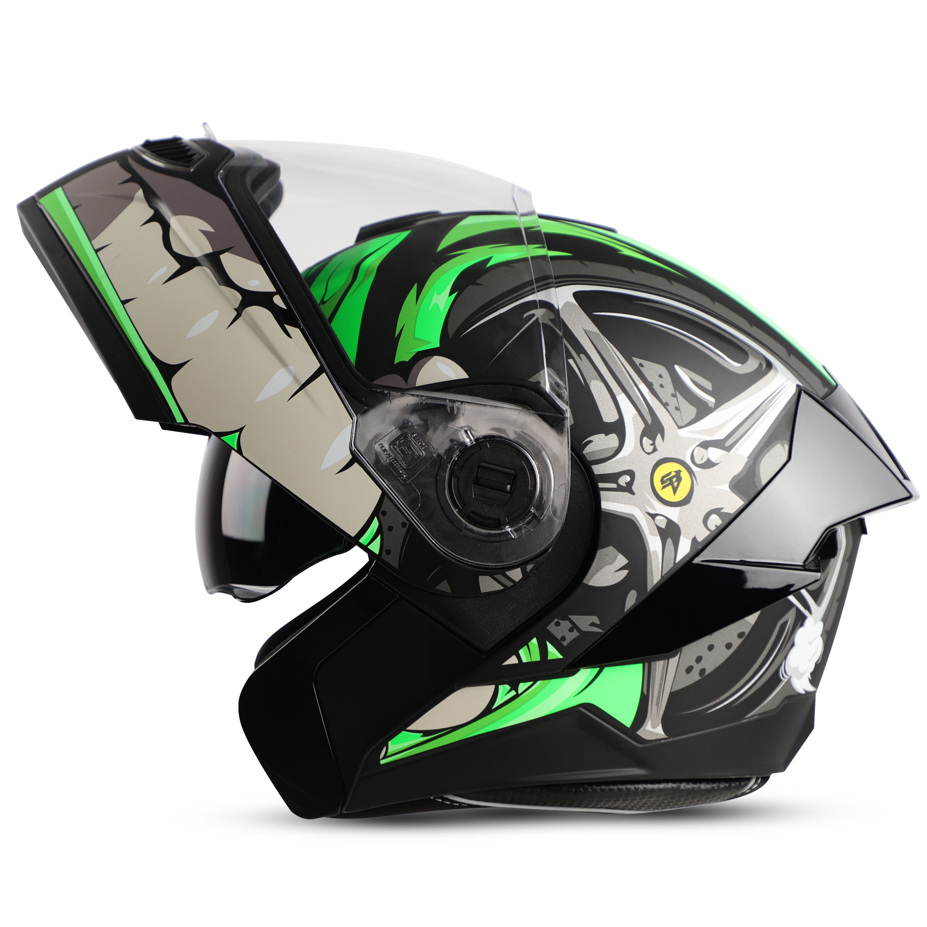 Steelbird SBA-8 Crazy Wheel ISI Certified Flip-Up Helmet for Men and Women with Inner Smoke Sun Shield (Matt Black Green)