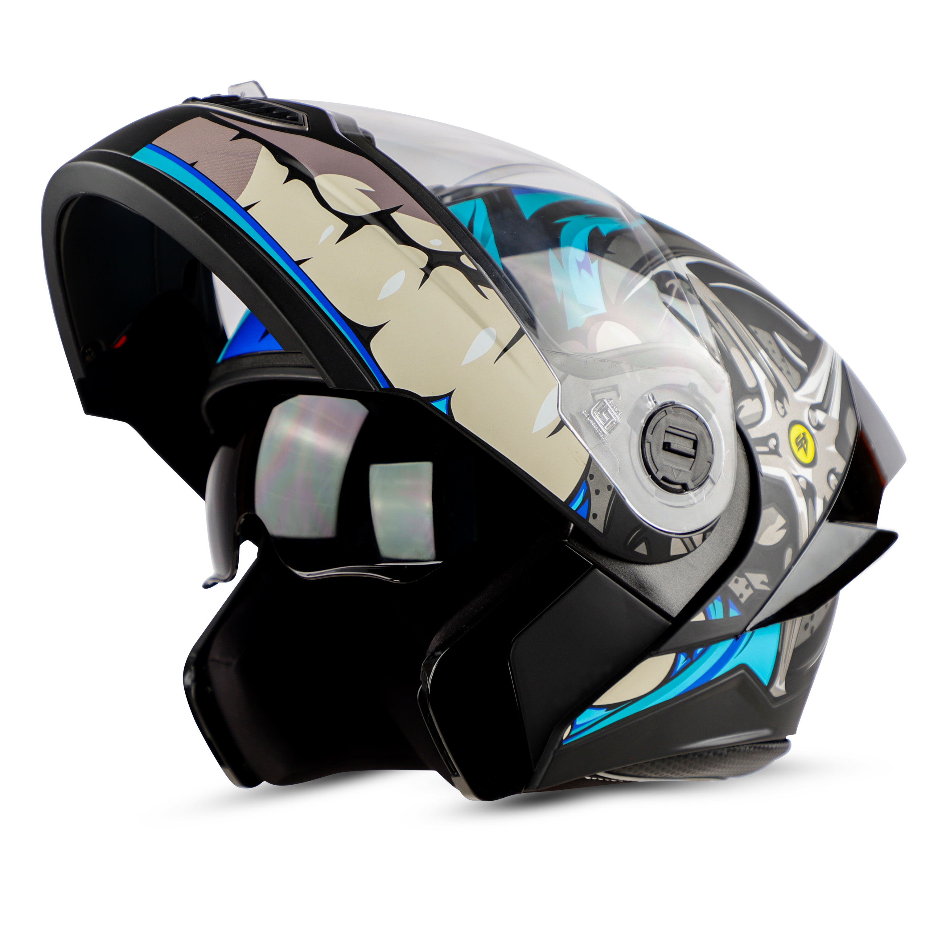 Steelbird SBA-8 Crazy Wheel ISI Certified Flip-Up Helmet For Men And Women With Inner Smoke Sun Shield (Matt Black Light Blue)