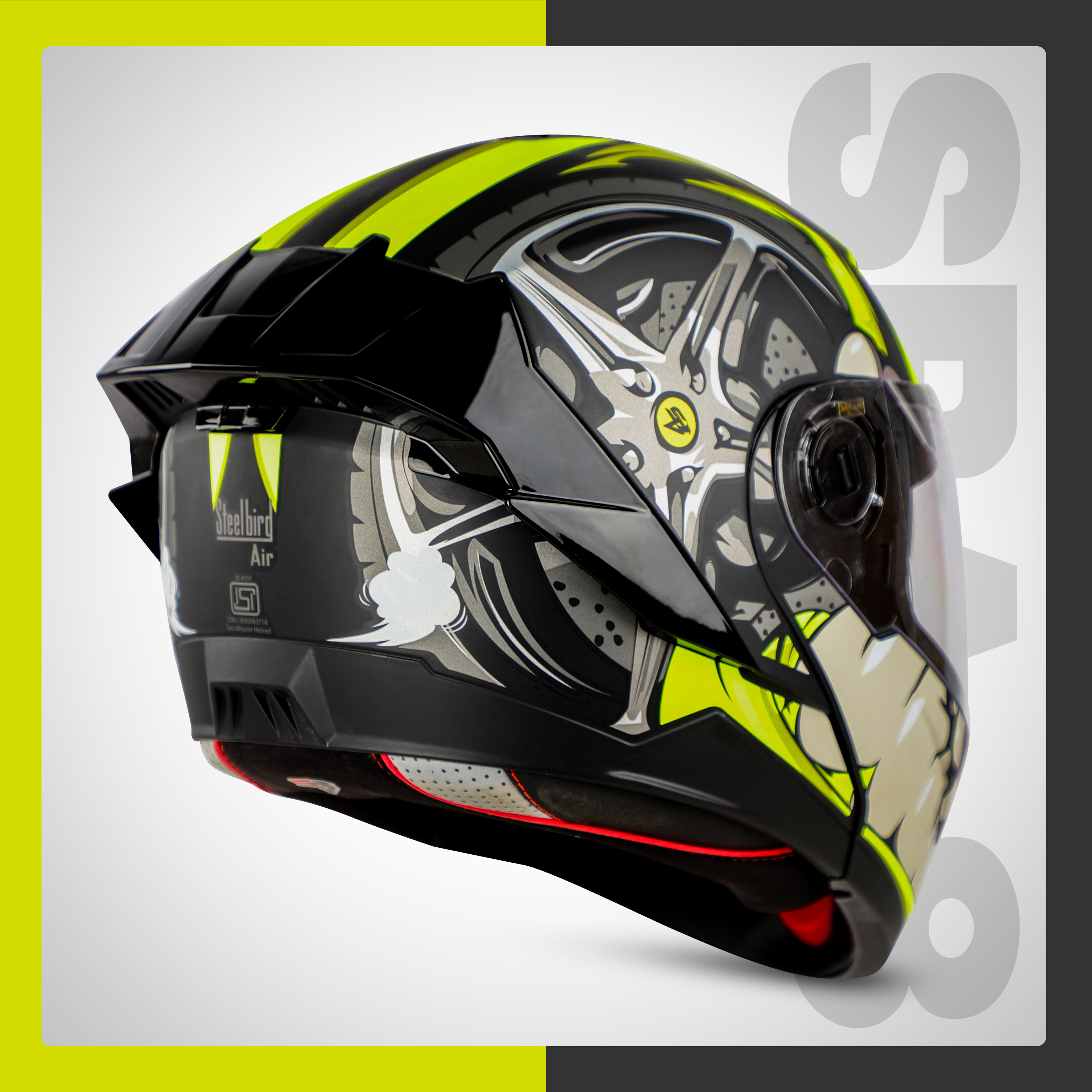 Steelbird SBA-8 Crazy Wheel ISI Certified Flip-Up Helmet For Men And Women With Inner Smoke Sun Shield (Matt Black Neon)