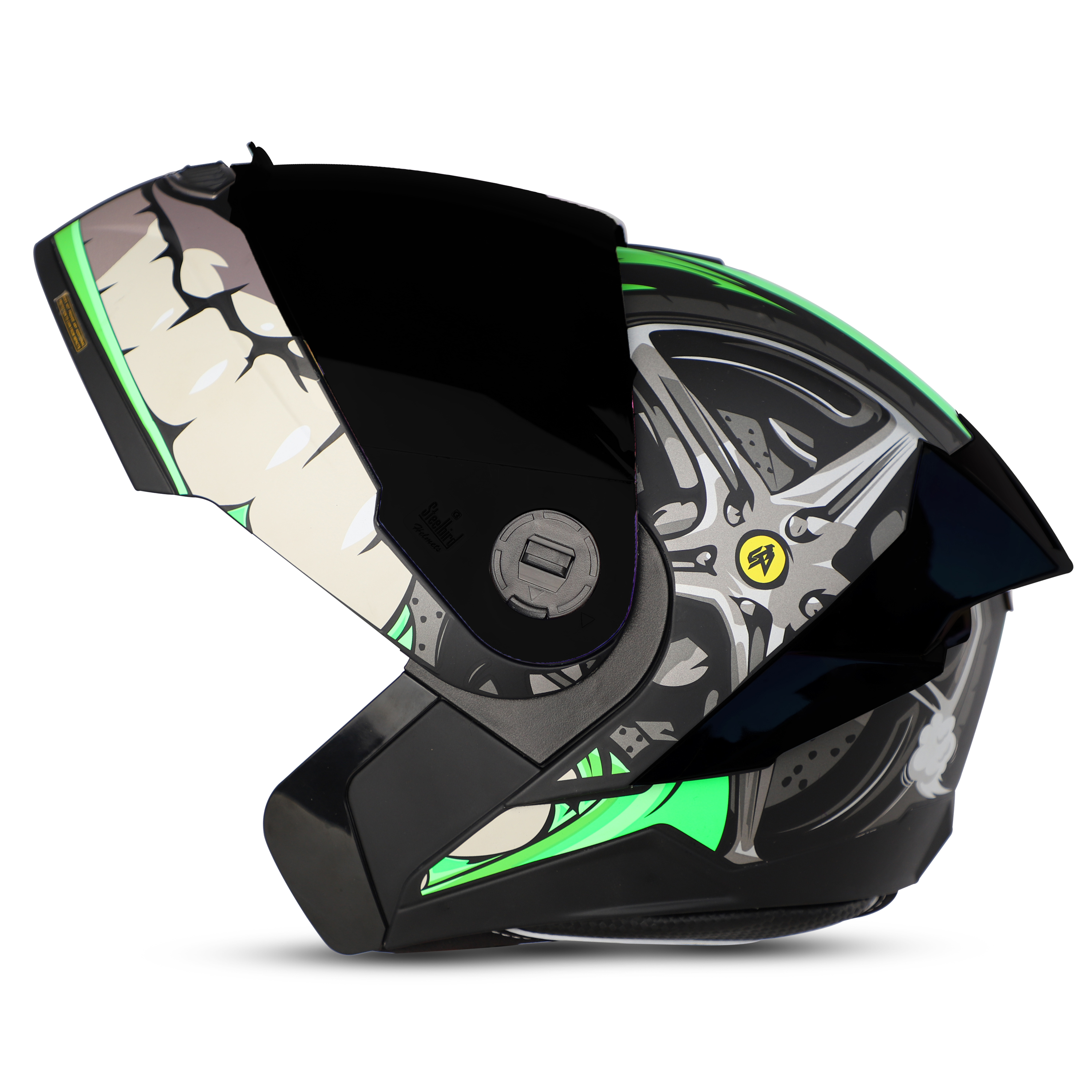 Steelbird SBA-8 Crazy Wheel ISI Certified Flip-Up Helmet for Men and Women (Matt Black Green with Smoke Visor)