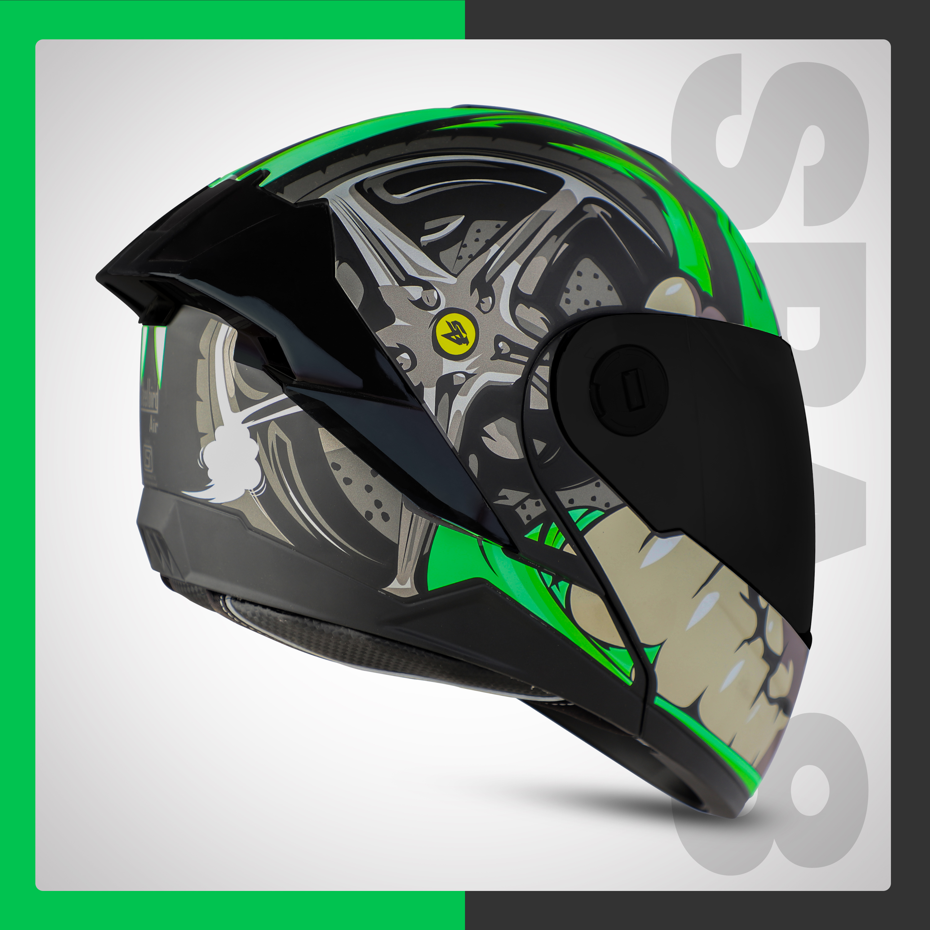 Steelbird SBA-8 Crazy Wheel ISI Certified Flip-Up Helmet For Men And Women (Matt Black Green With Smoke Visor)