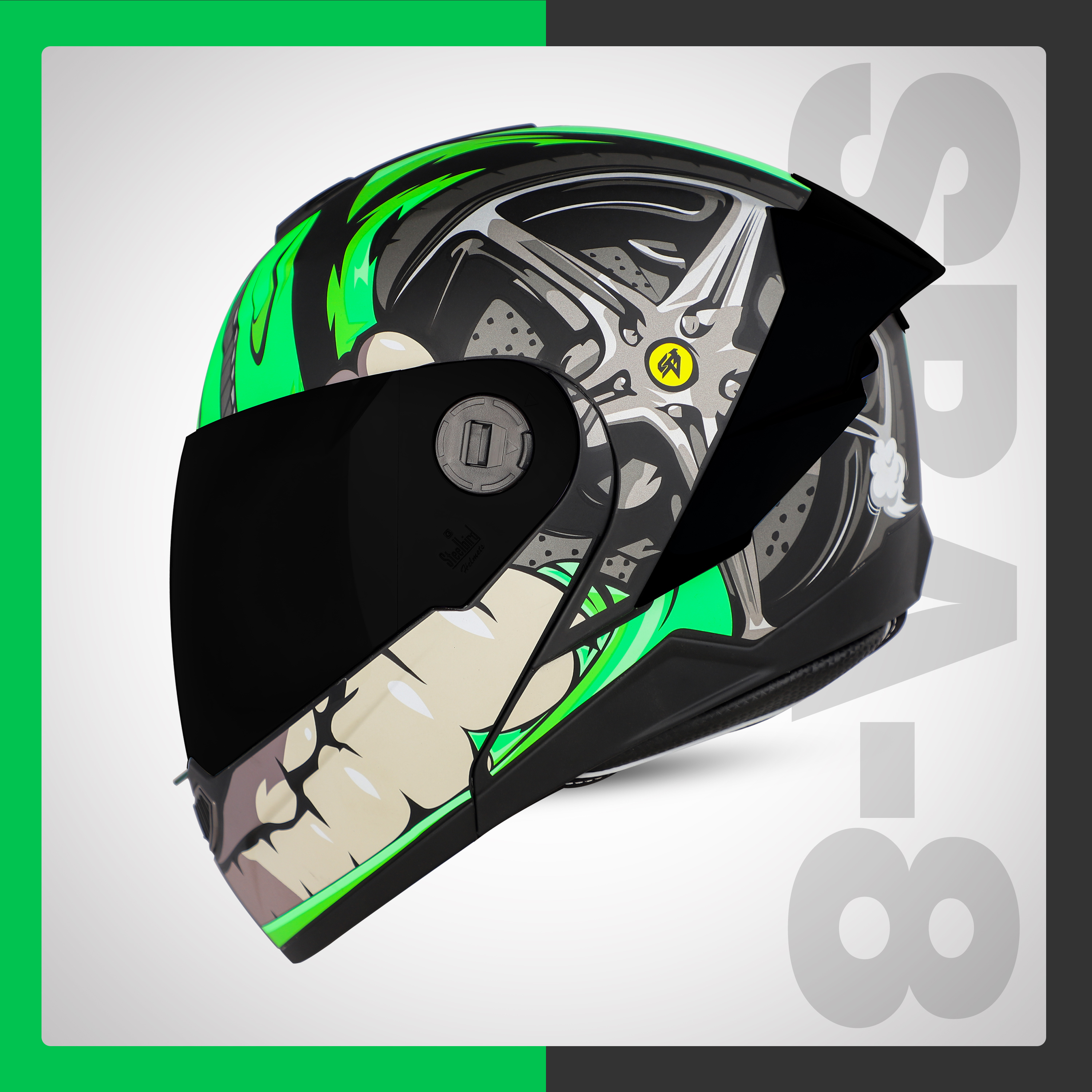 Steelbird SBA-8 Crazy Wheel ISI Certified Flip-Up Helmet For Men And Women (Matt Black Green With Smoke Visor)