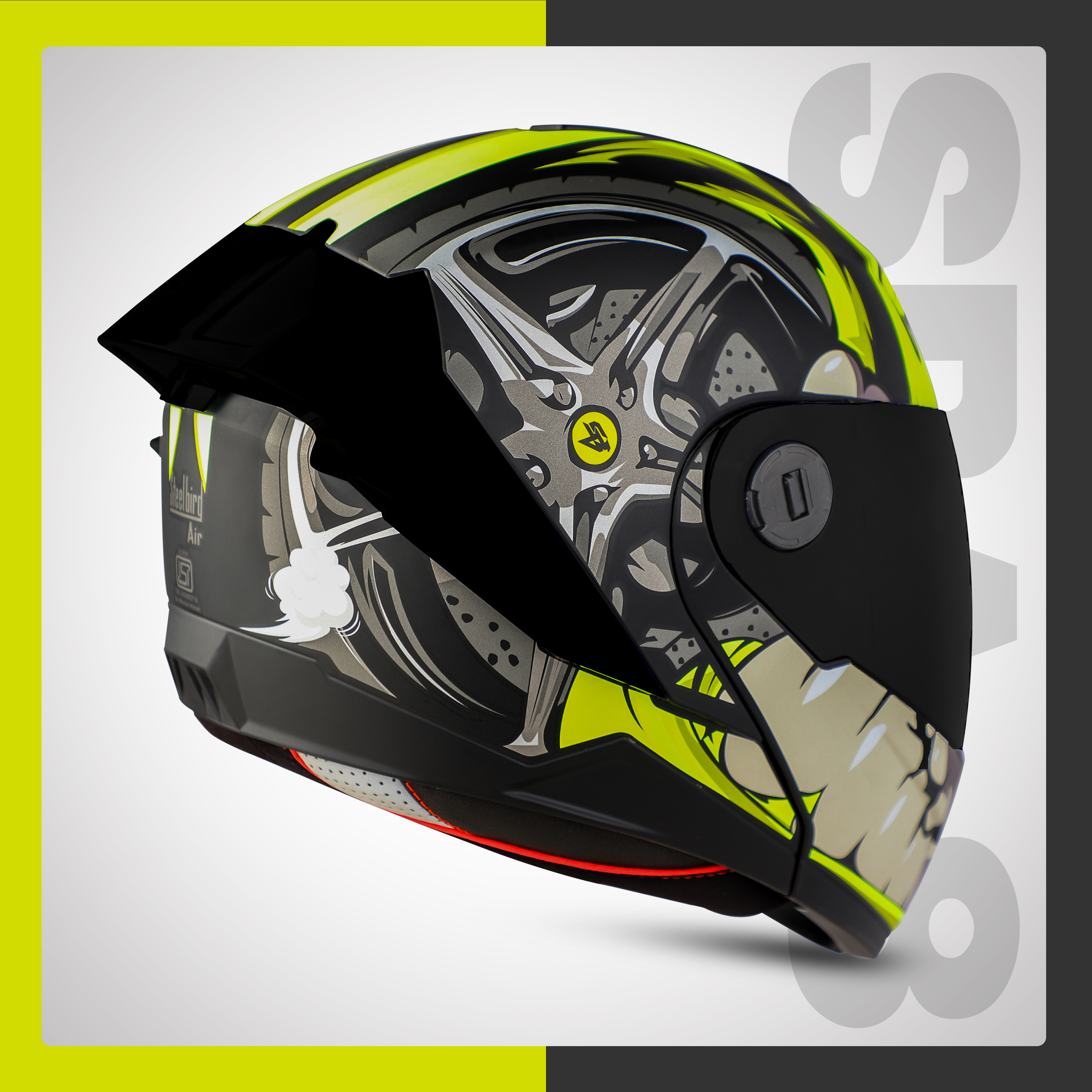 Steelbird SBA-8 Crazy Wheel ISI Certified Flip-Up Helmet For Men And Women (Matt Black Neon With Smoke Visor)