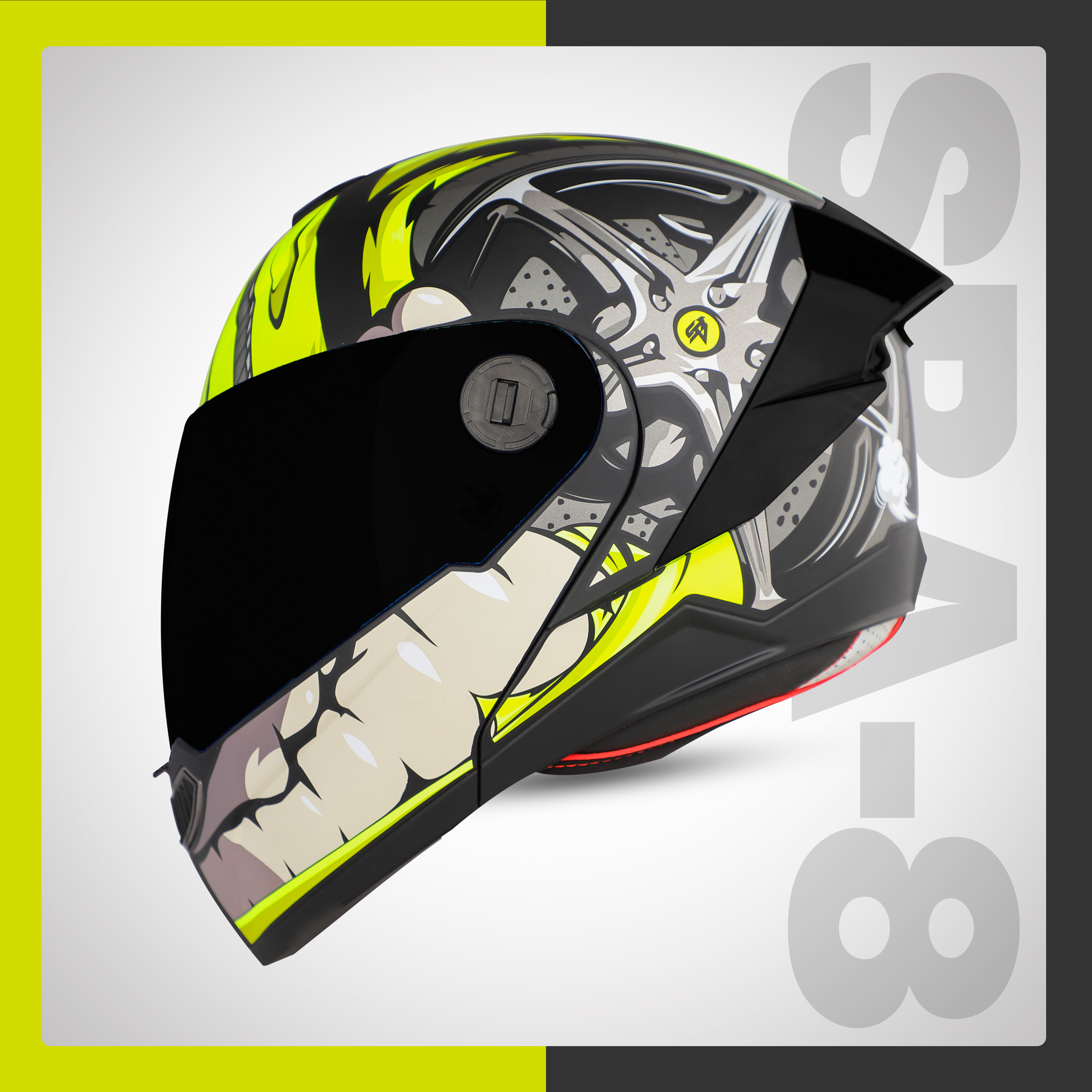 Steelbird SBA-8 Crazy Wheel ISI Certified Flip-Up Helmet For Men And Women (Matt Black Neon With Smoke Visor)