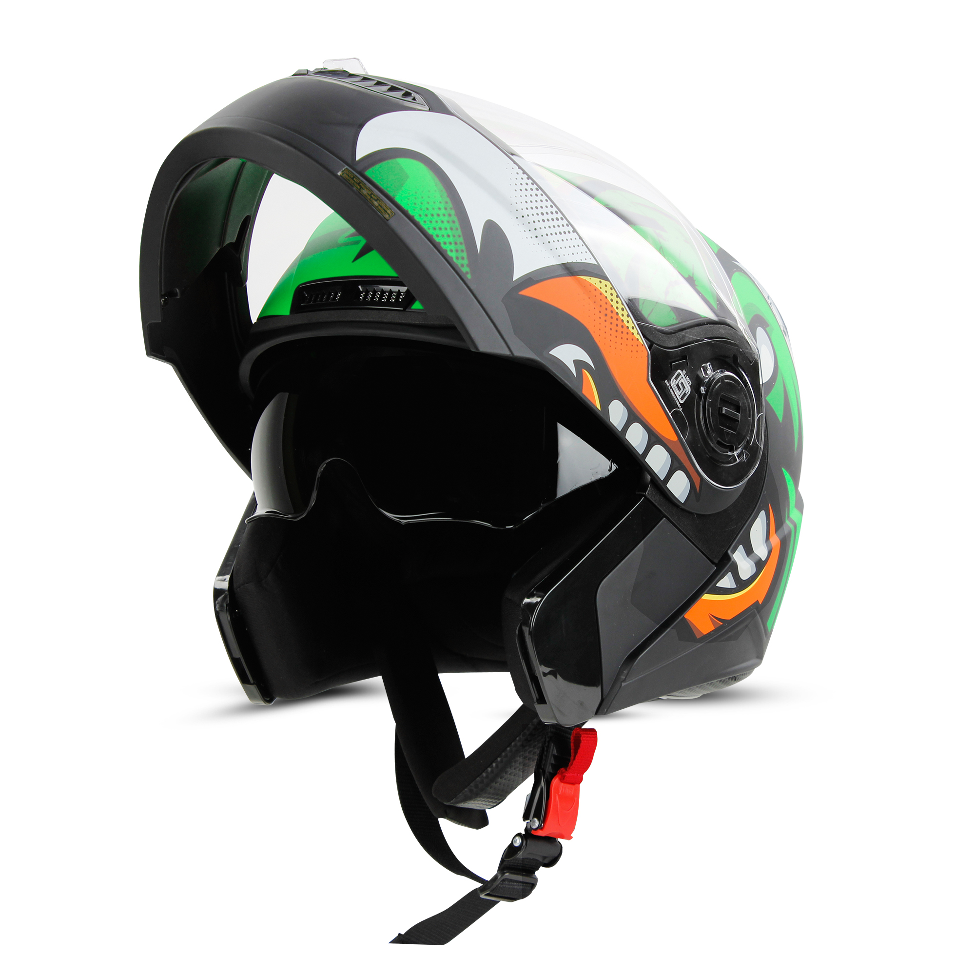 Steelbird SBA-7 Angry Bird ISI Certified Flip-Up Helmet For Men And Women With Inner Smoke Sun Shield (Matt Black Green)