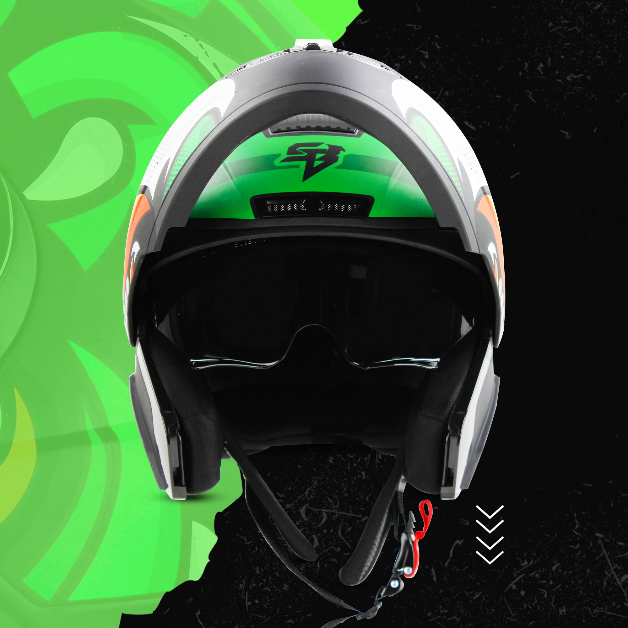 Steelbird SBA-7 Angry Bird ISI Certified Flip-Up Helmet For Men And Women With Inner Smoke Sun Shield (Glossy Black Green)