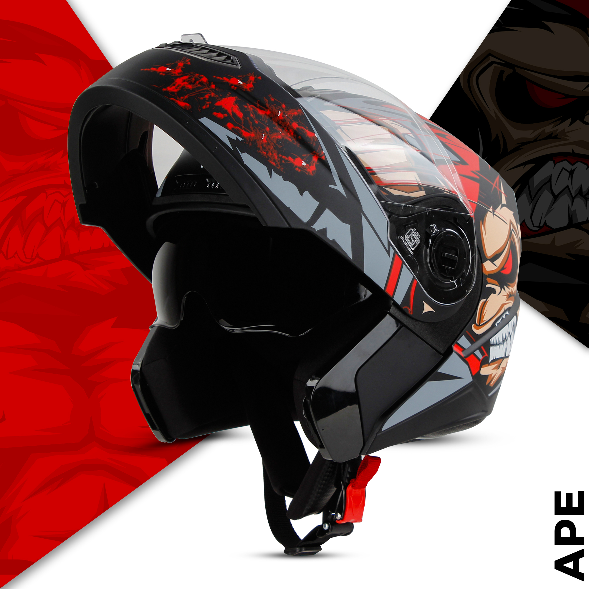 Steelbird SBA-7 Ape ISI Certified Flip-Up Helmet For Men And Women With Inner Smoke Sun Shield (Glossy Black Red)