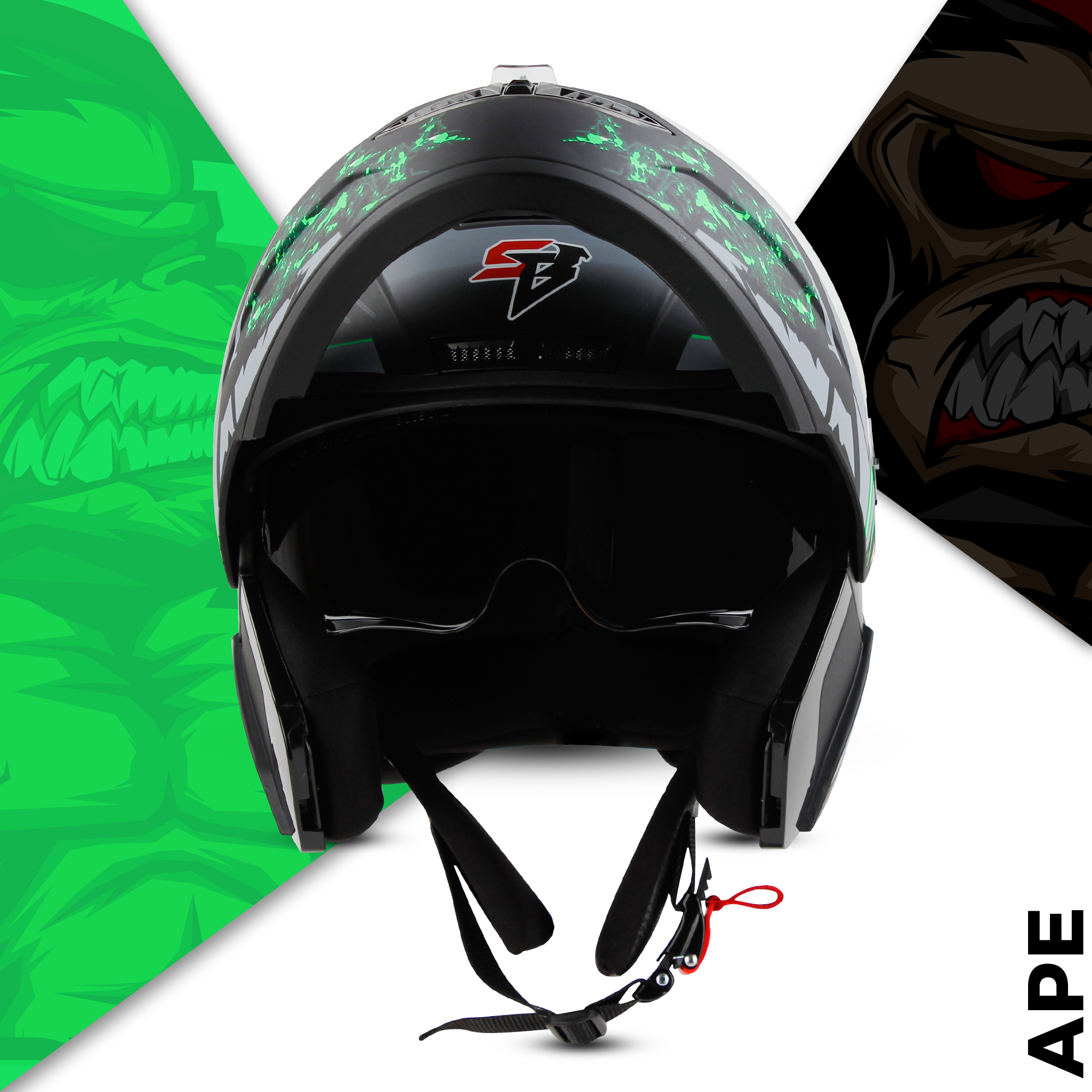 Steelbird SBA-7 Ape ISI Certified Flip-Up Helmet For Men And Women With Inner Smoke Sun Shield (Glossy Black Green)