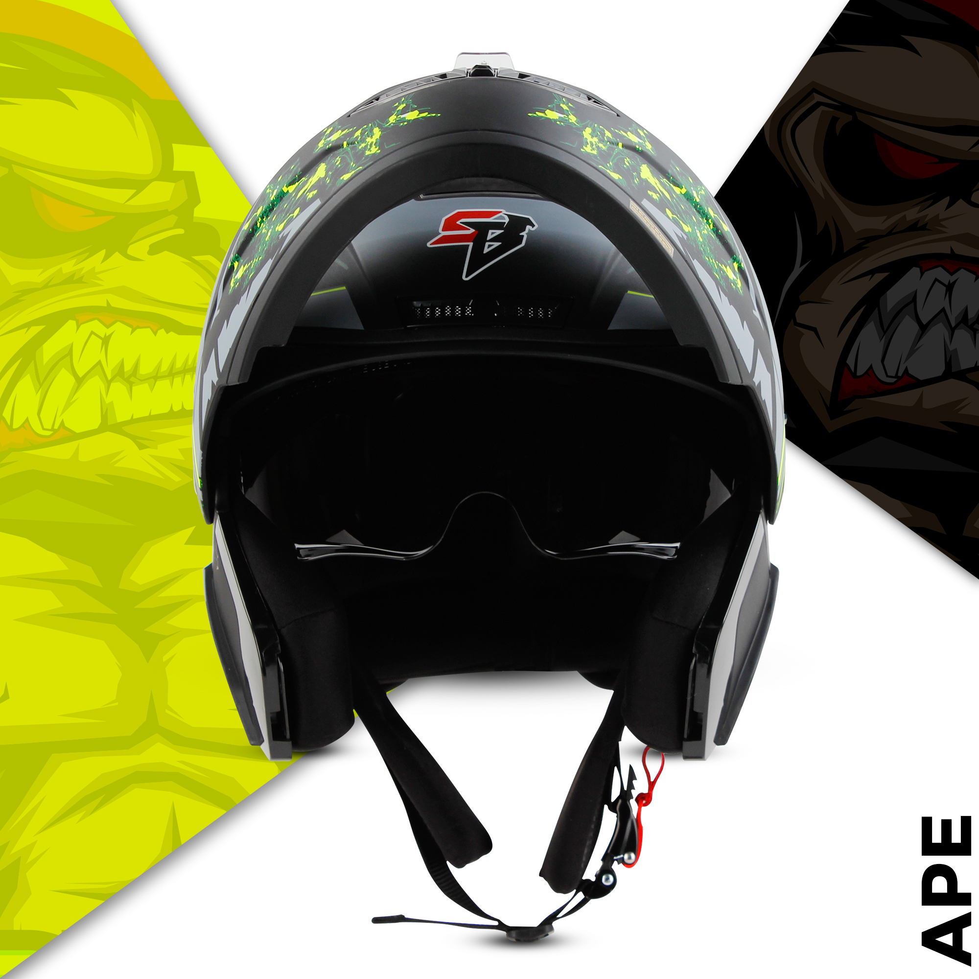 Steelbird SBA-7 Ape ISI Certified Flip-Up Helmet For Men And Women With Inner Smoke Sun Shield (Glossy Black Neon)
