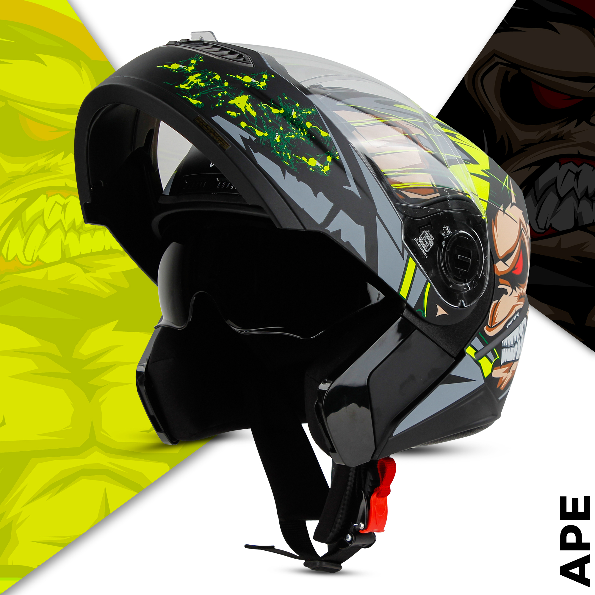 Steelbird SBA-7 Ape ISI Certified Flip-Up Helmet For Men And Women With Inner Smoke Sun Shield (Glossy Black Neon)