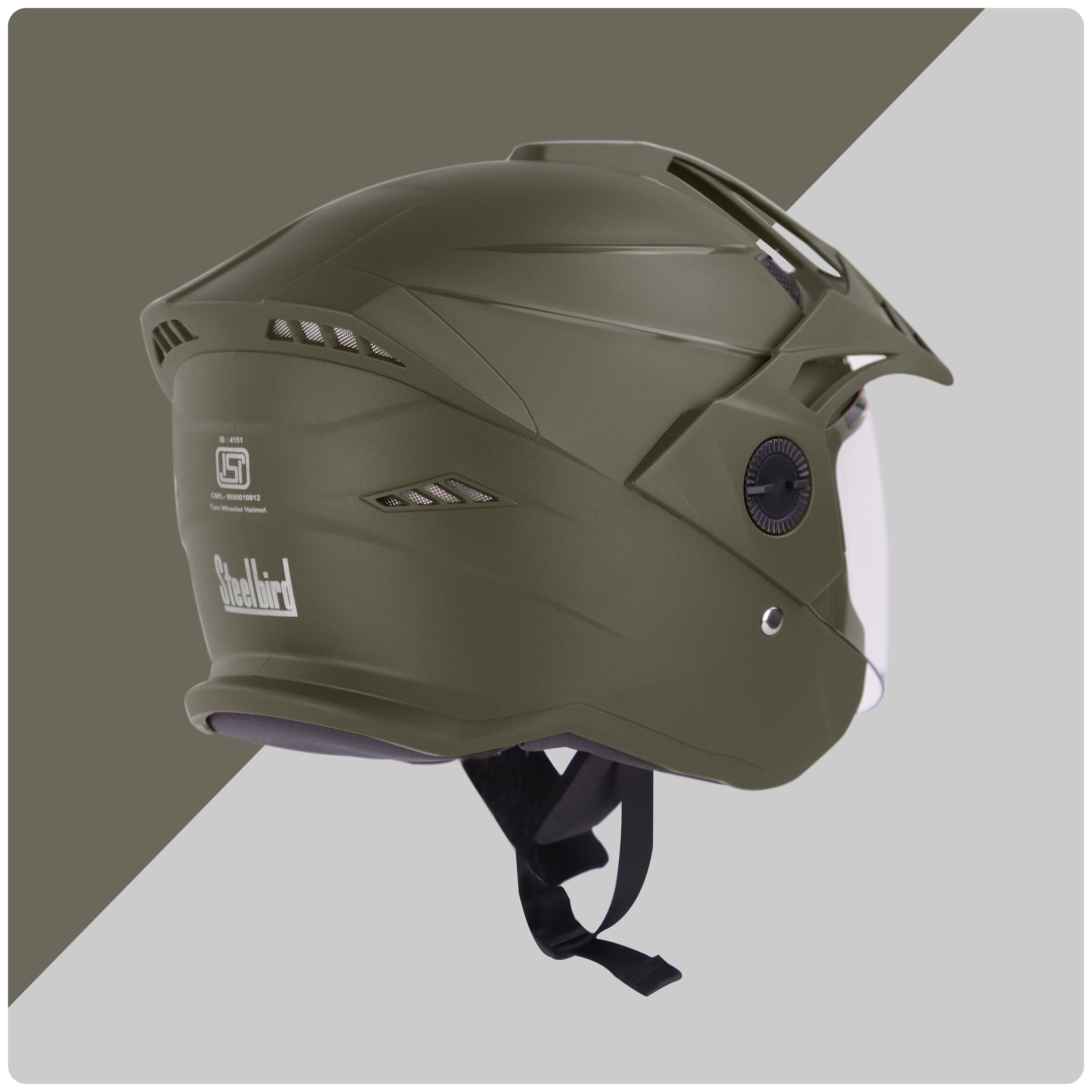 Steelbird SBH-23 Hunter ISI Certified Open Face Helmet (Dashing Battle Green With Clear Visor)