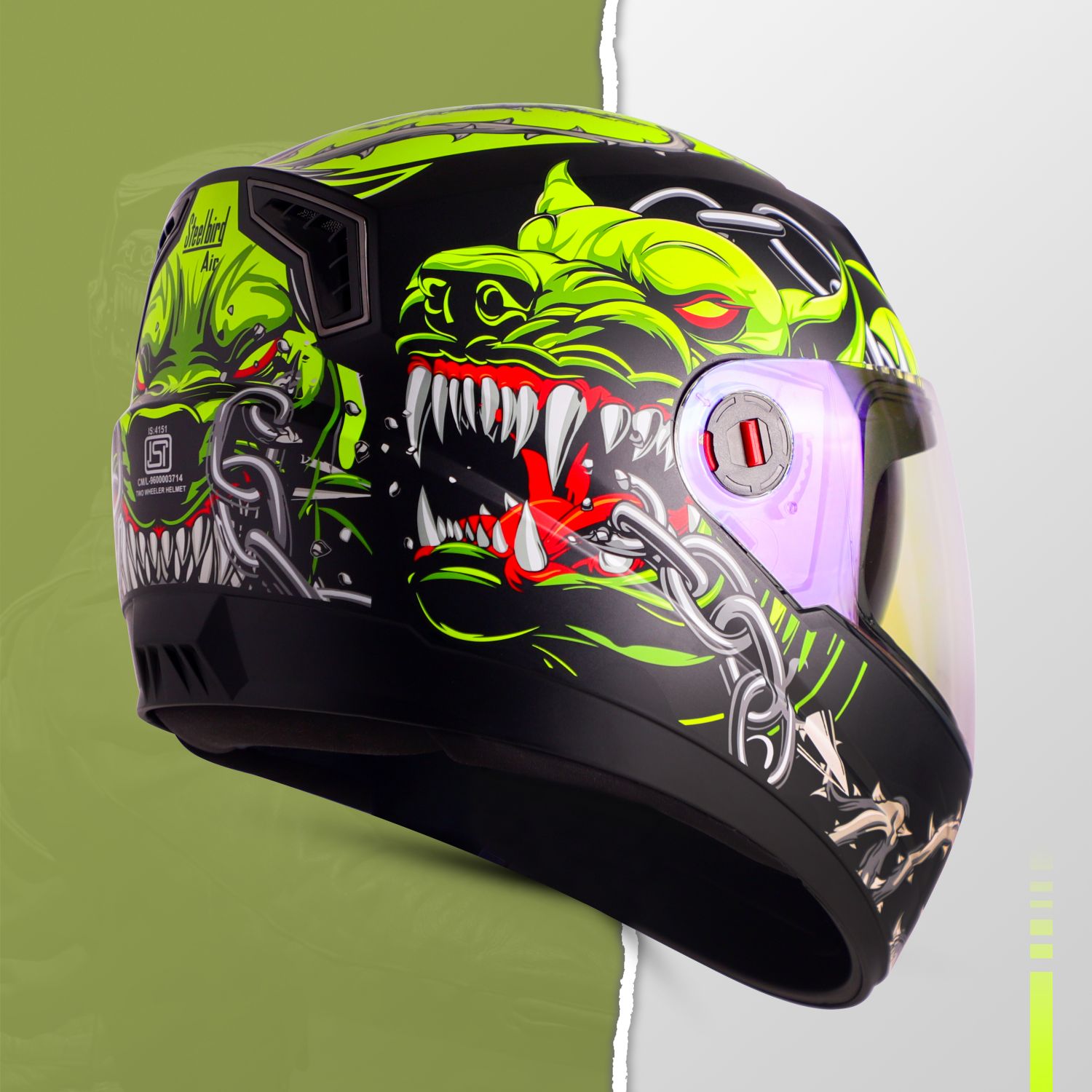 Steelbird SBA-1 Angry Dog ISI Certified Full Face Graphic Helmet For Men And Women (Matt Black Neon With Night Vision Blue Visor)