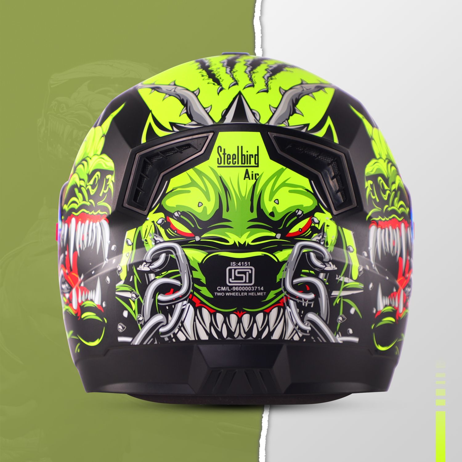 Steelbird SBA-1 Angry Dog ISI Certified Full Face Graphic Helmet For Men And Women (Matt Black Neon With Night Vision Blue Visor)