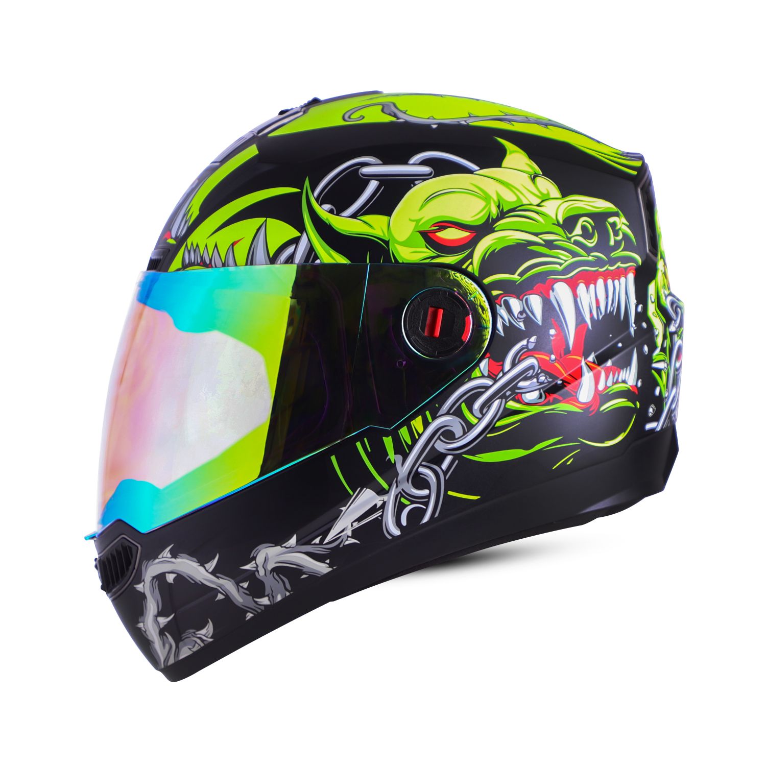 Steelbird SBA-1 Angry Dog ISI Certified Full Face Graphic Helmet For Men And Women (Matt Black Neon With Night Vision Rainbow Visor)