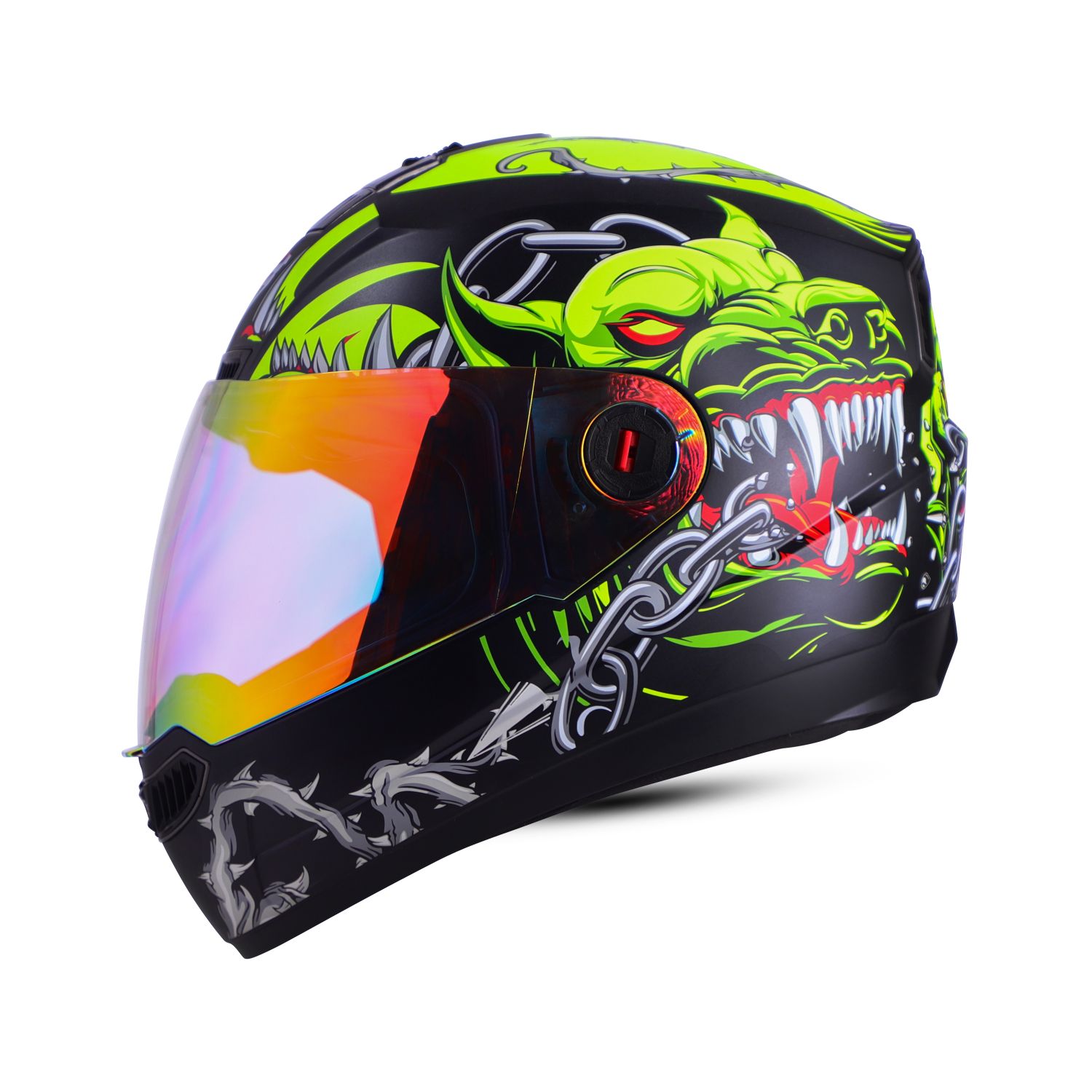 Steelbird SBA-1 Angry Dog ISI Certified Full Face Graphic Helmet For Men And Women (Matt Black Neon With Night Vision Gold Visor)