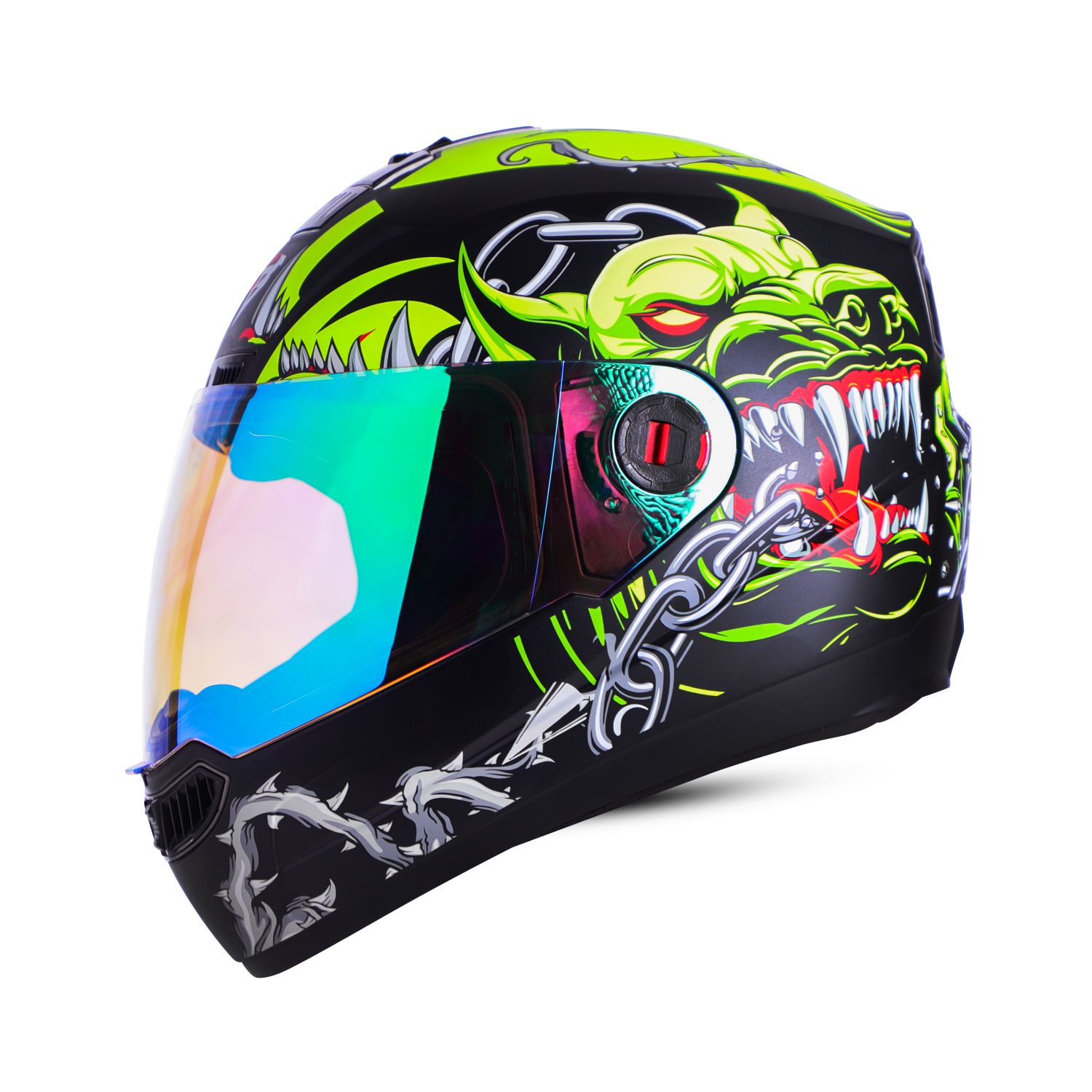 Steelbird SBA-1 Angry Dog ISI Certified Full Face Graphic Helmet For Men And Women (Matt Black Neon With Night Vision Green Visor)