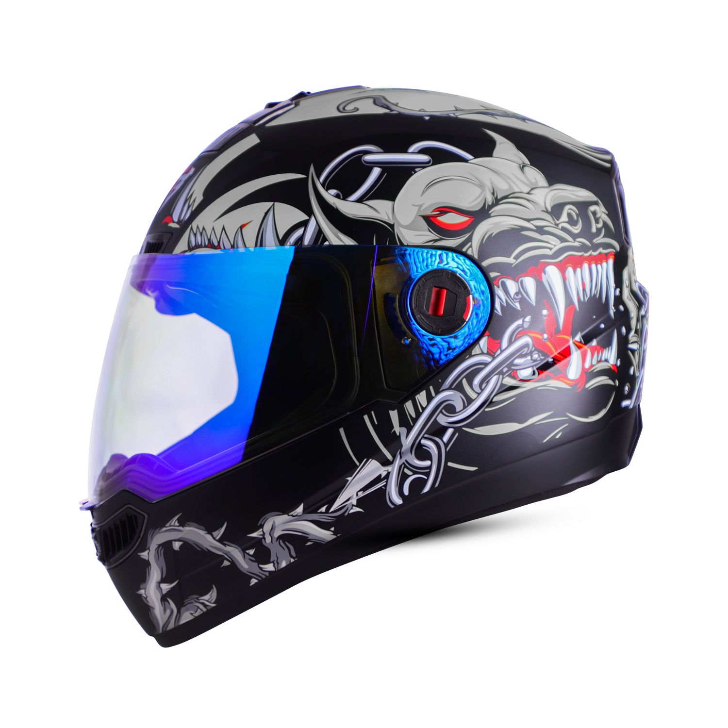 Steelbird SBA-1 Angry Dog ISI Certified Full Face Graphic Helmet For Men And Women (Matt Black Grey With Night Vision Blue Visor)