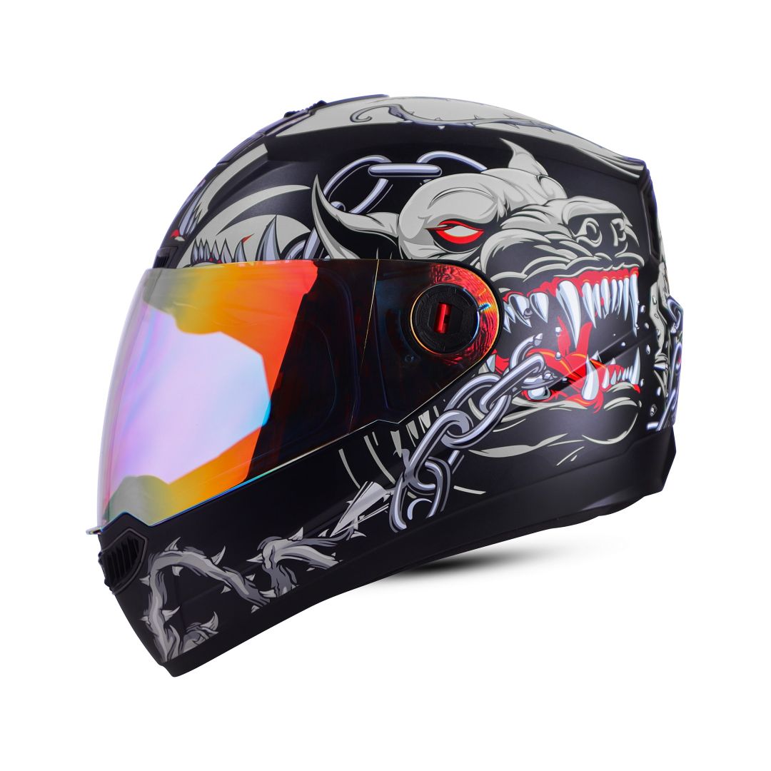 Steelbird SBA-1 Angry Dog ISI Certified Full Face Graphic Helmet For Men And Women (Matt Black Grey With Night Vision Gold Visor)