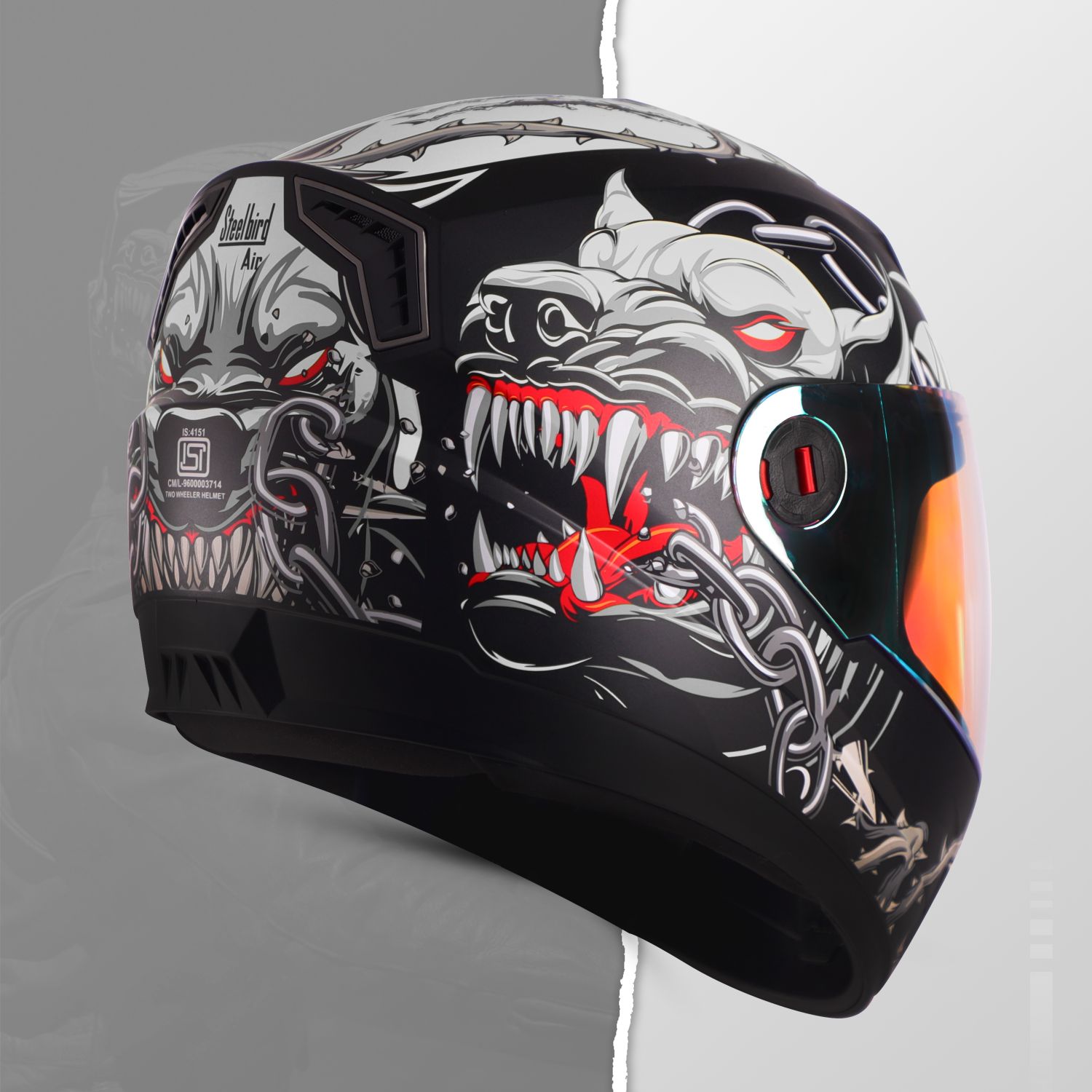 Steelbird SBA-1 Angry Dog ISI Certified Full Face Graphic Helmet For Men And Women (Matt Black Grey With Night Vision Gold Visor)