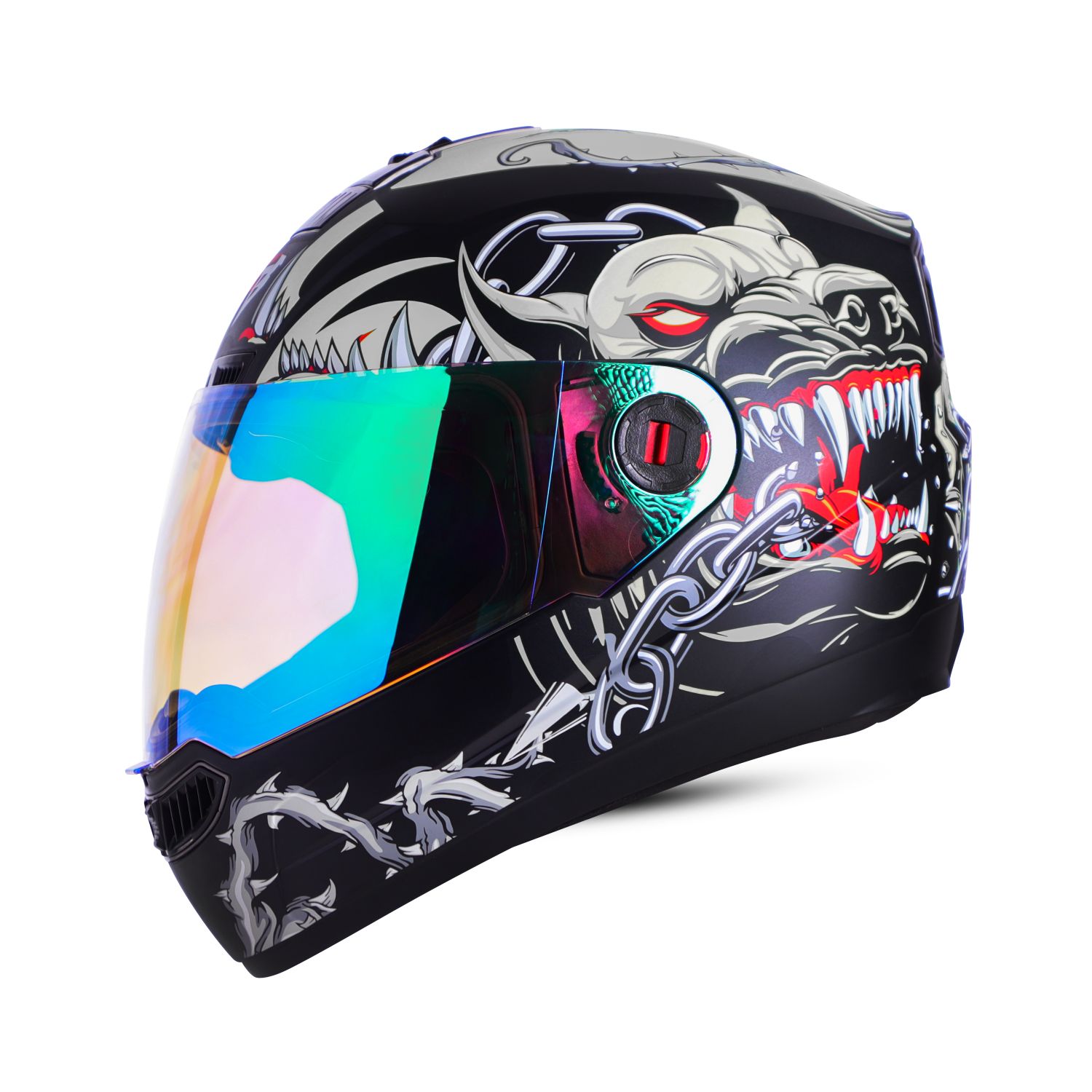 Steelbird SBA-1 Angry Dog ISI Certified Full Face Graphic Helmet For Men And Women (Matt Black Grey With Night Vision Green Visor)