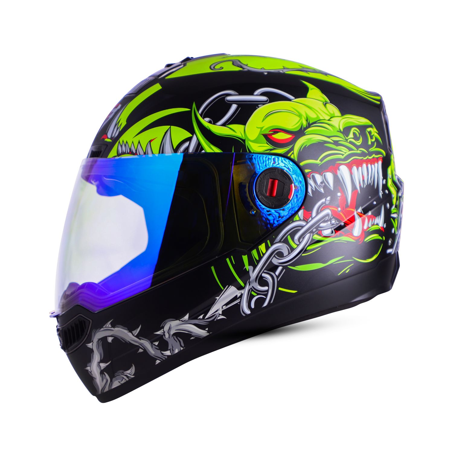 Steelbird SBA-1 Angry Dog ISI Certified Full Face Graphic Helmet For Men And Women (Glossy Black Neon With Night Vision Blue Visor)