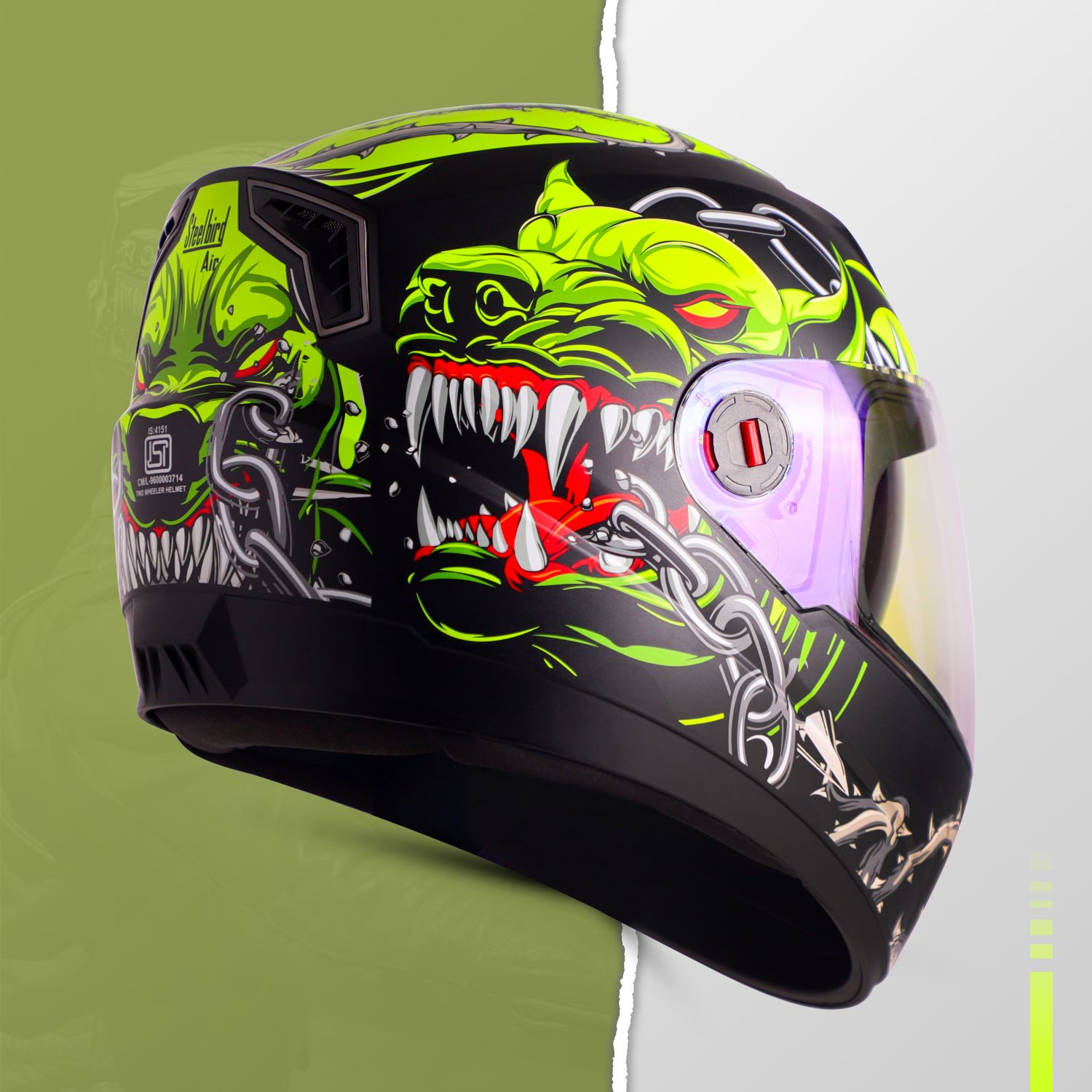 Steelbird SBA-1 Angry Dog ISI Certified Full Face Graphic Helmet For Men And Women (Glossy Black Neon With Night Vision Blue Visor)