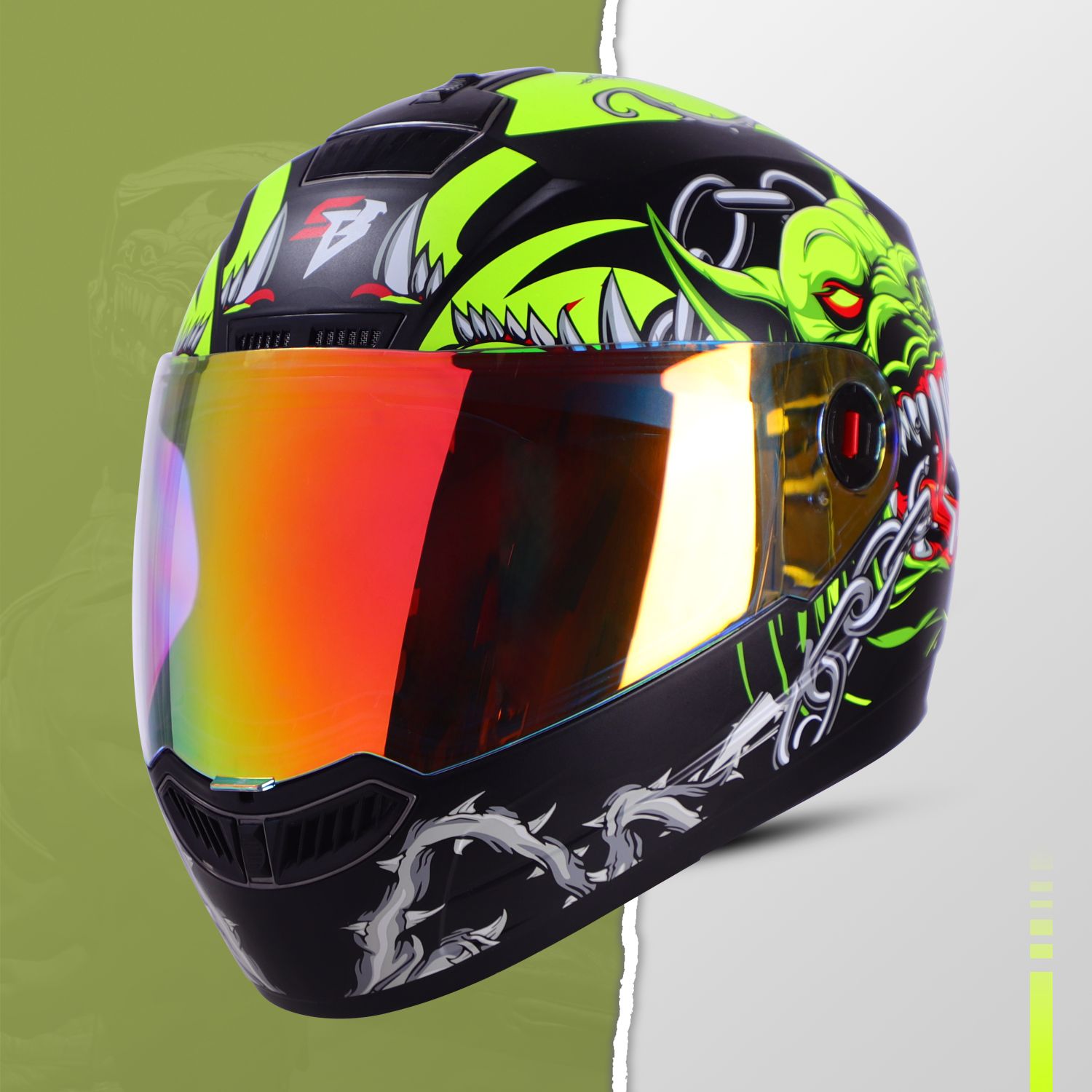 Steelbird SBA-1 Angry Dog ISI Certified Full Face Graphic Helmet For Men And Women (Glossy Black Neon With Night Vision Gold Visor)