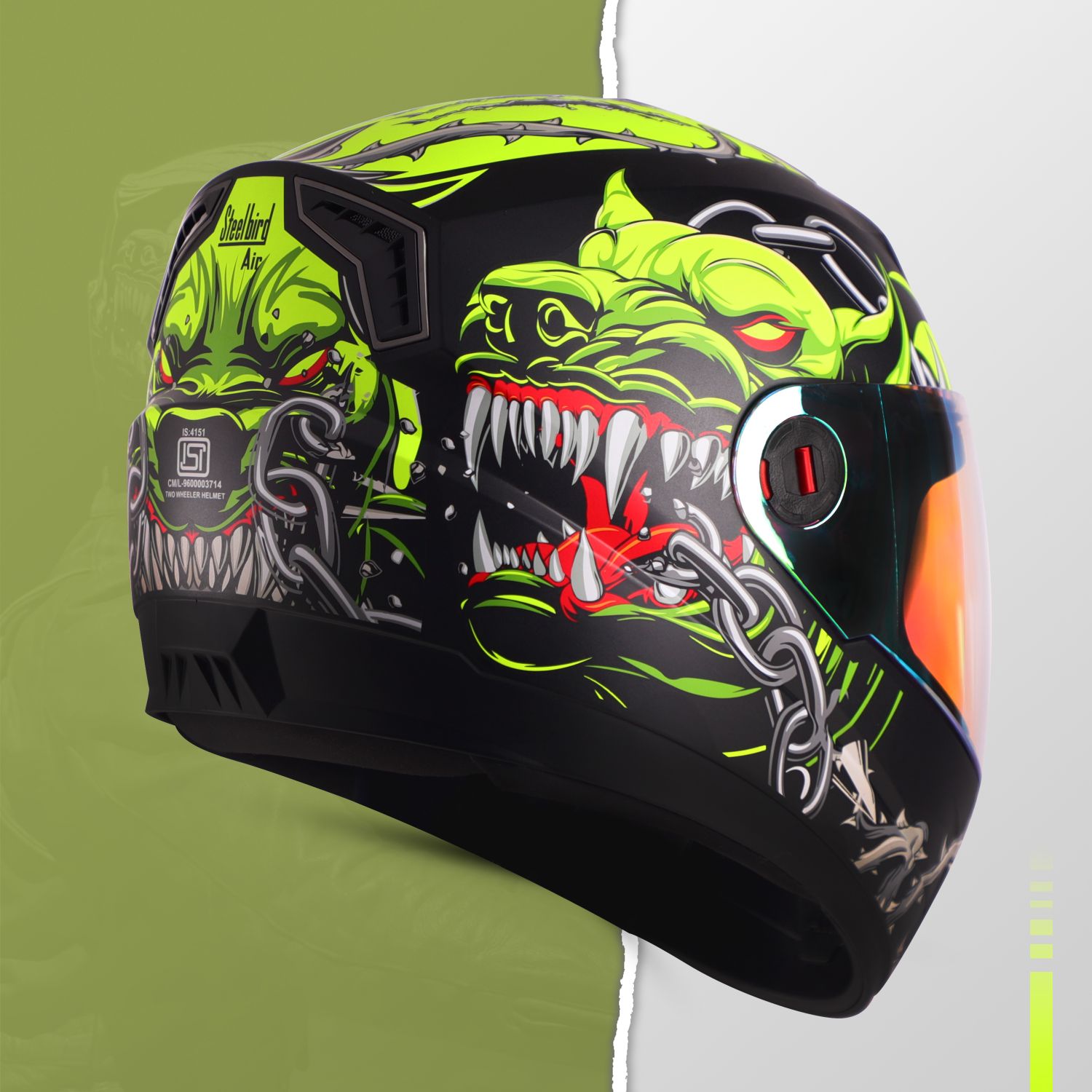 Steelbird SBA-1 Angry Dog ISI Certified Full Face Graphic Helmet For Men And Women (Glossy Black Neon With Night Vision Gold Visor)