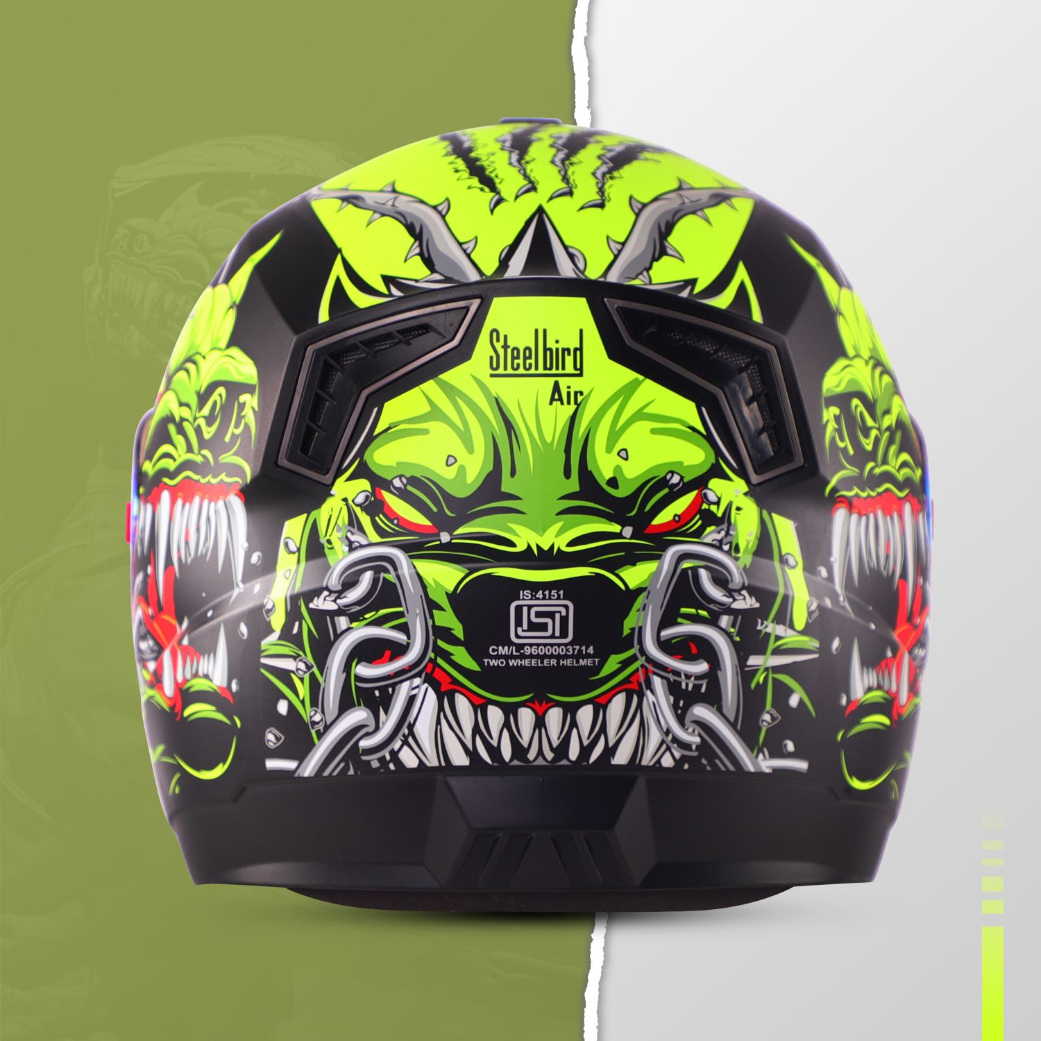 Steelbird SBA-1 Angry Dog ISI Certified Full Face Graphic Helmet For Men And Women (Glossy Black Neon With Night Vision Green Visor)
