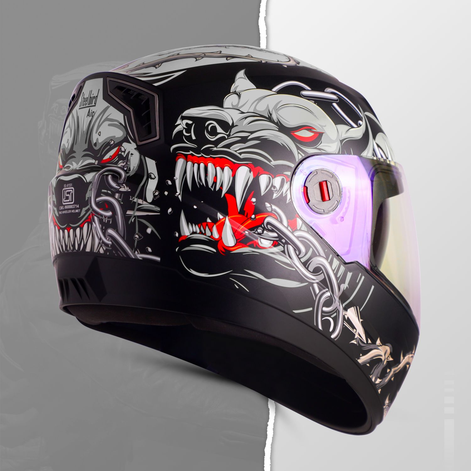 Steelbird SBA-1 Angry Dog ISI Certified Full Face Graphic Helmet For Men And Women (Glossy Black Grey With Night Vision Blue Visor)