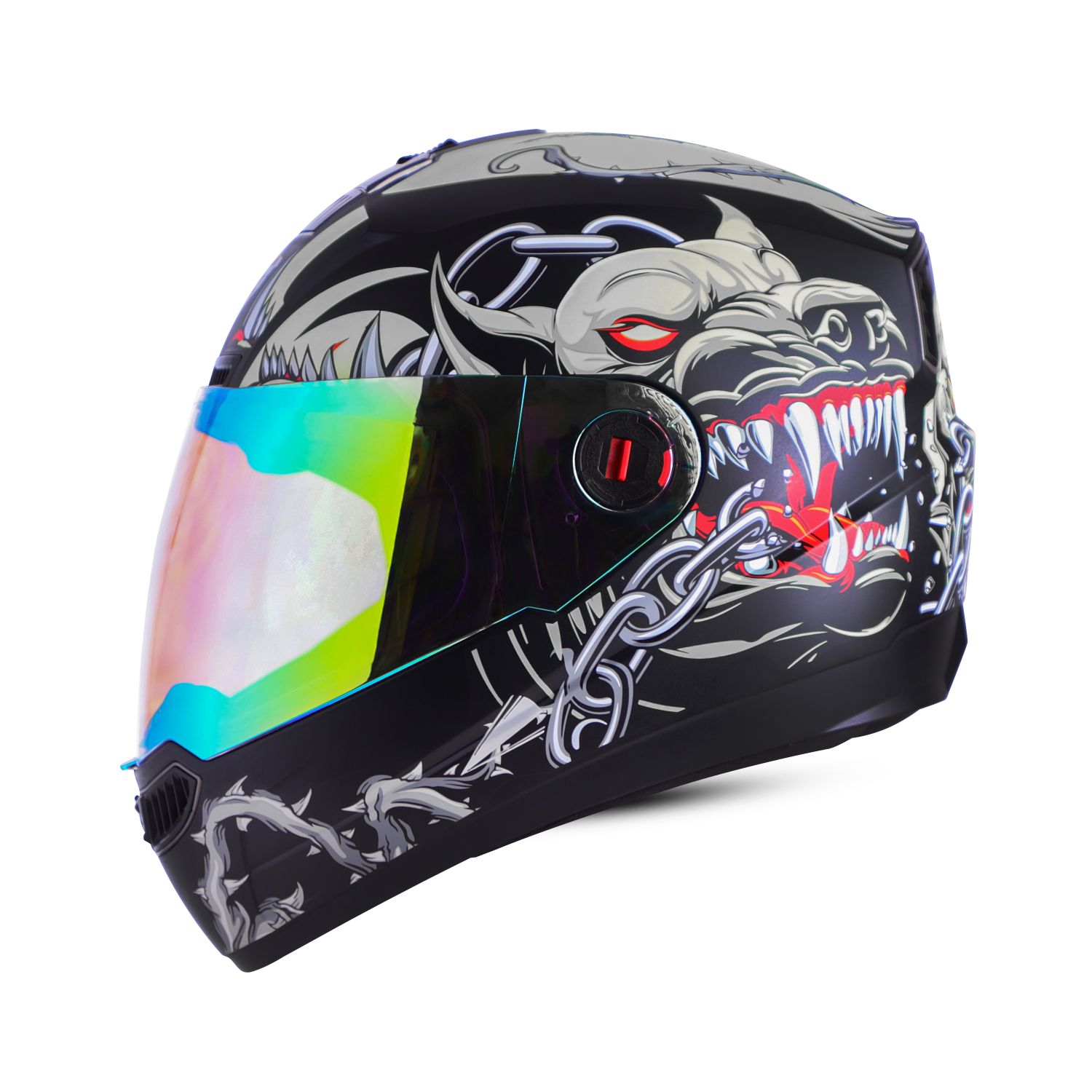 Steelbird SBA-1 Angry Dog ISI Certified Full Face Graphic Helmet For Men And Women (Glossy Black Grey With Night Vision Rainbow Visor)